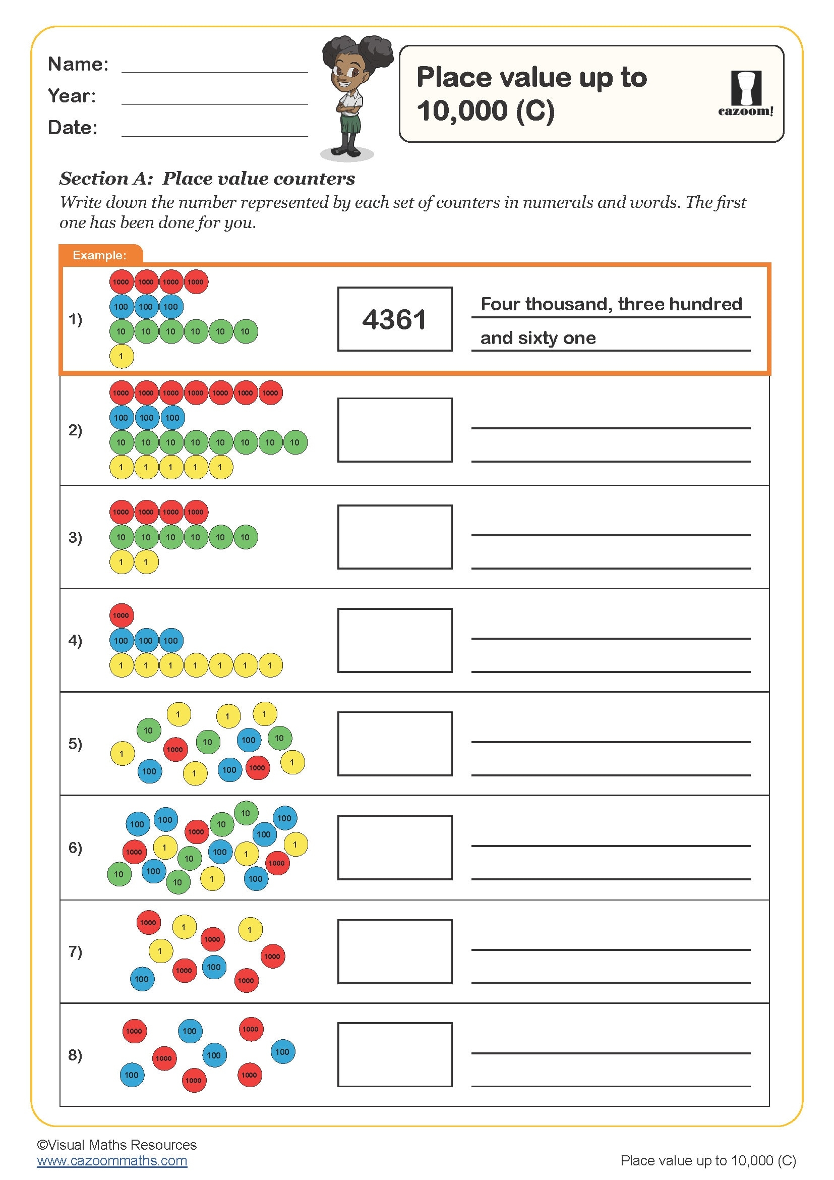 Place Value Up To 10 000 C Worksheet PDF Printable Number 