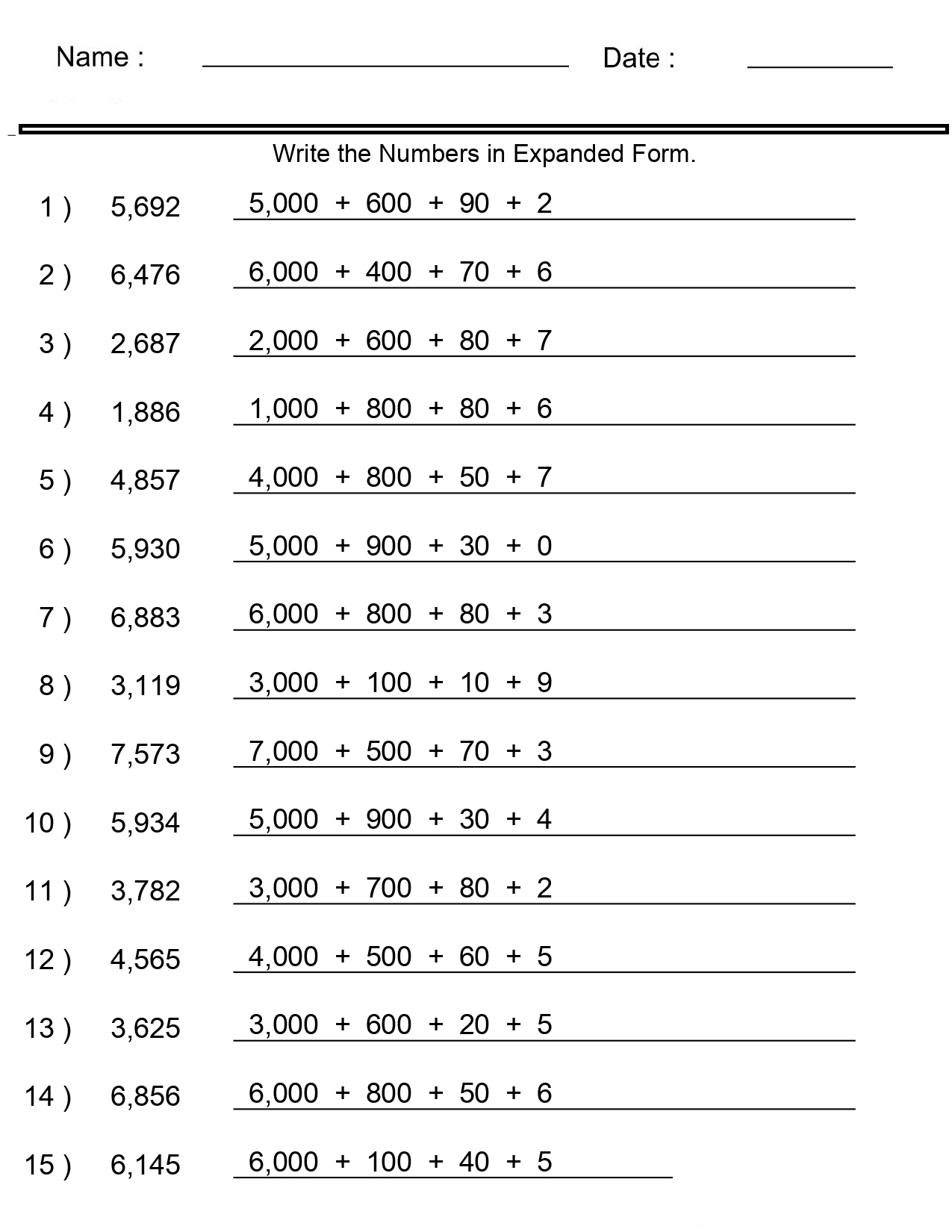 Place Value Worksheets Expanded Form With Integers 4 Digits 5 