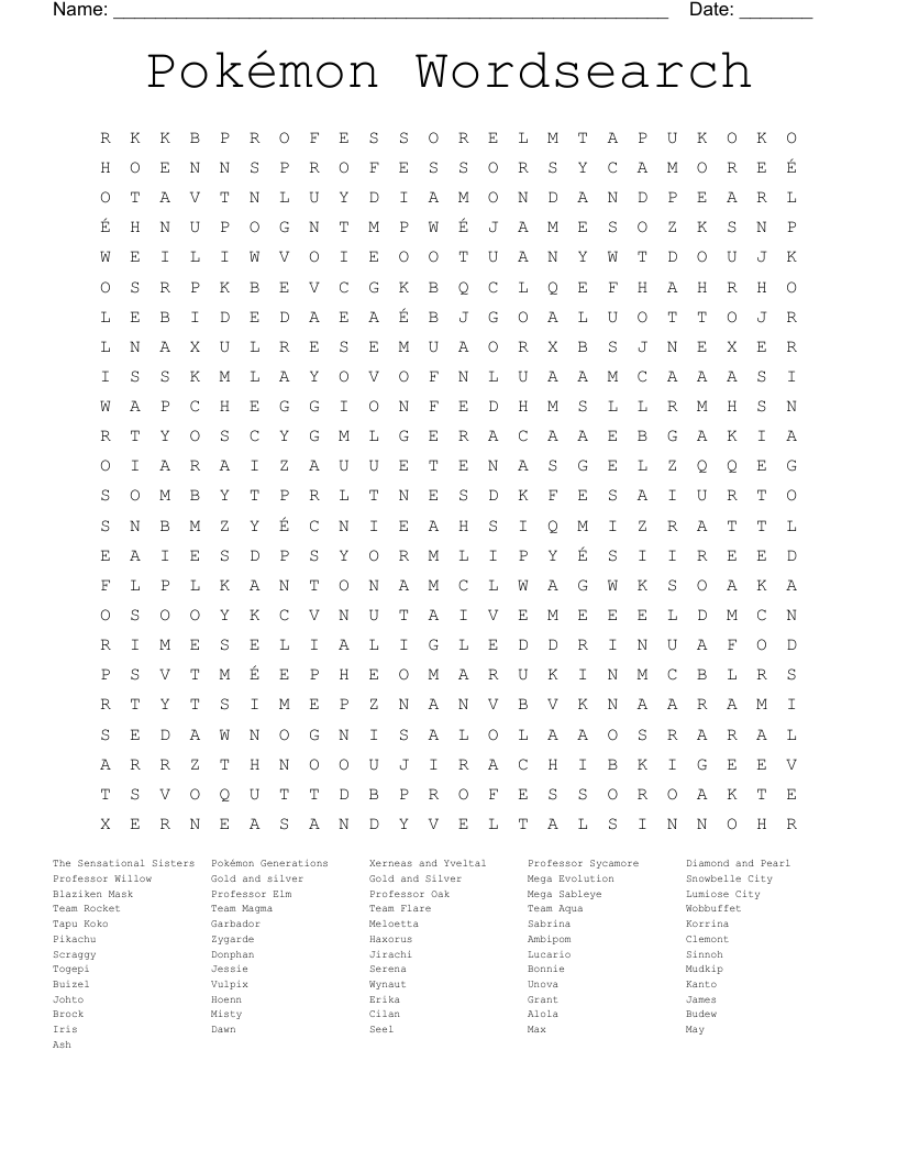 Pokemon Word Search Free Printable