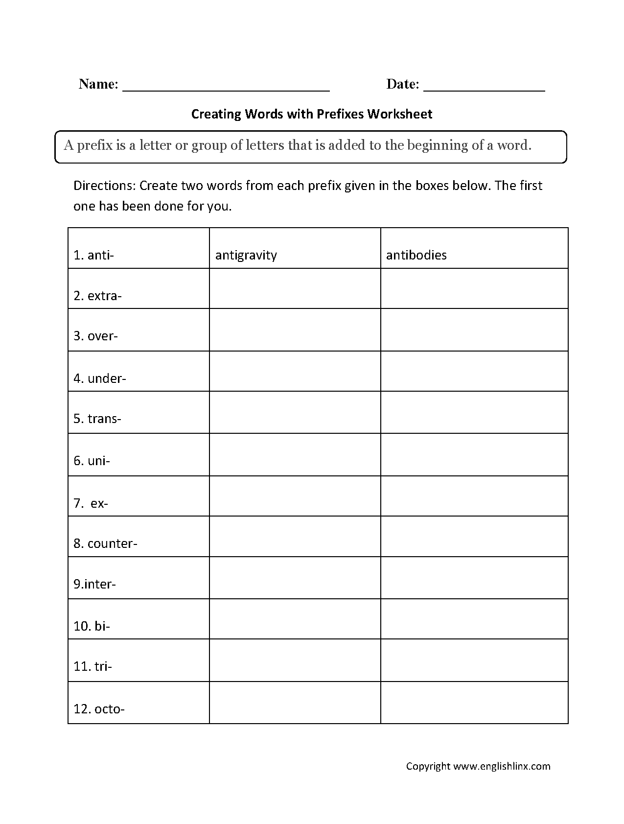 Free Pdf Printable Prefix Worksheets