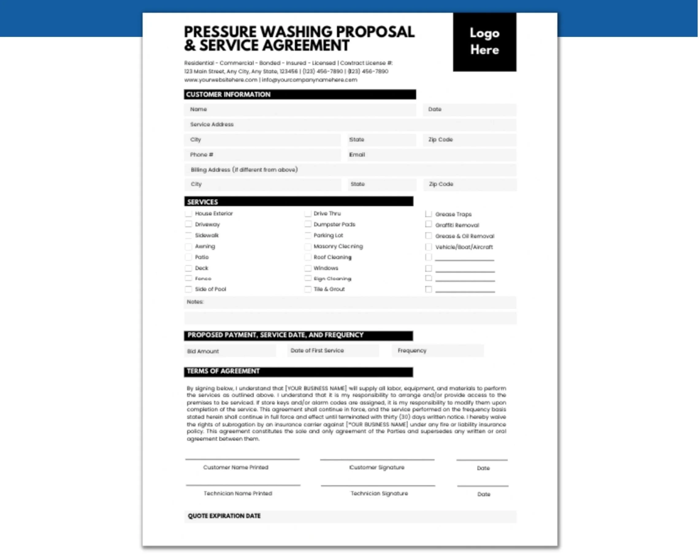 Printable Pressure Washing Bid Template