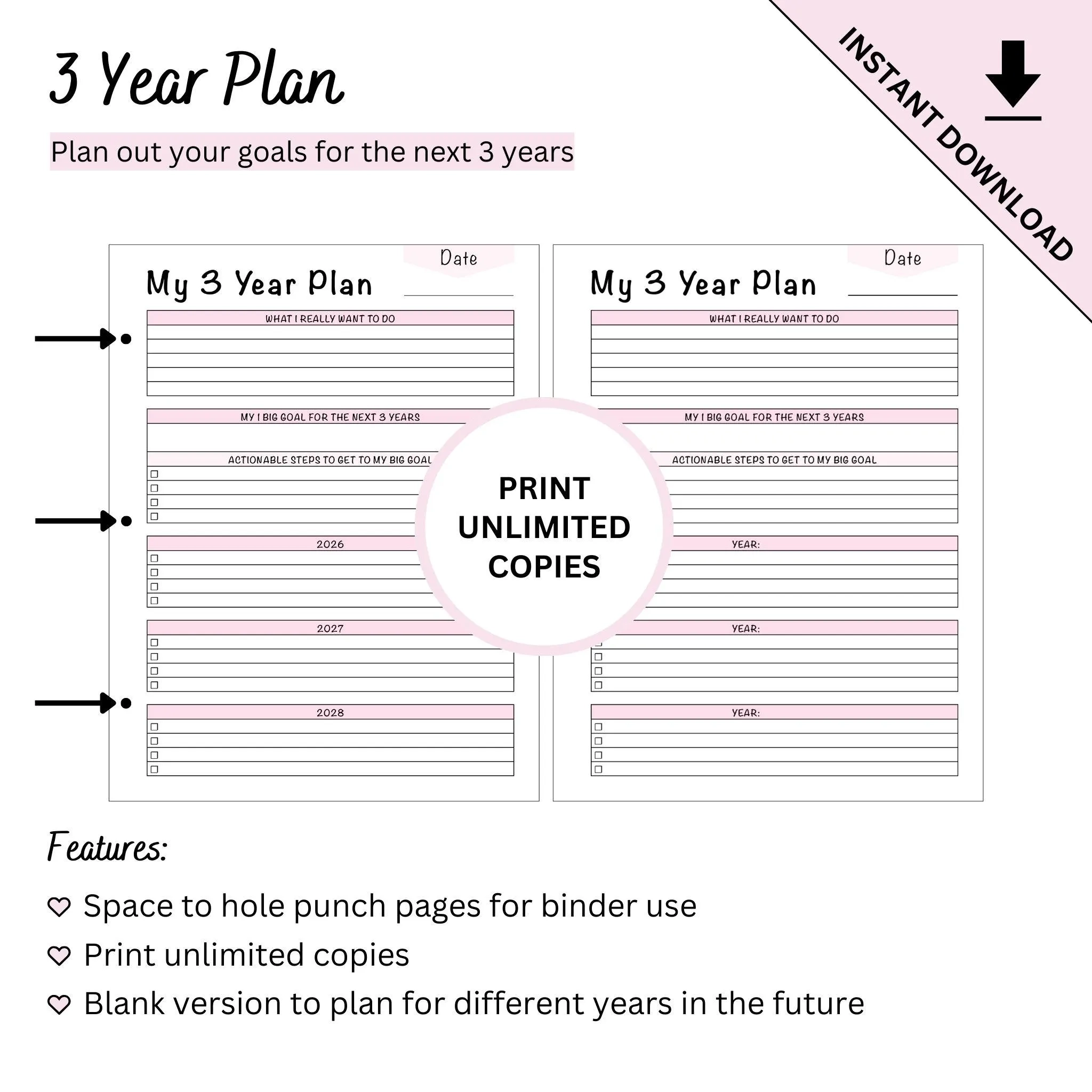 Printable 3 Year Goal Planning Template For 2026 To 2028 Plus 