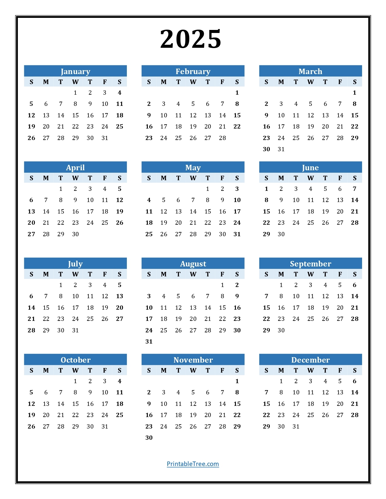 Blank 2025 One Page Calendar Printable