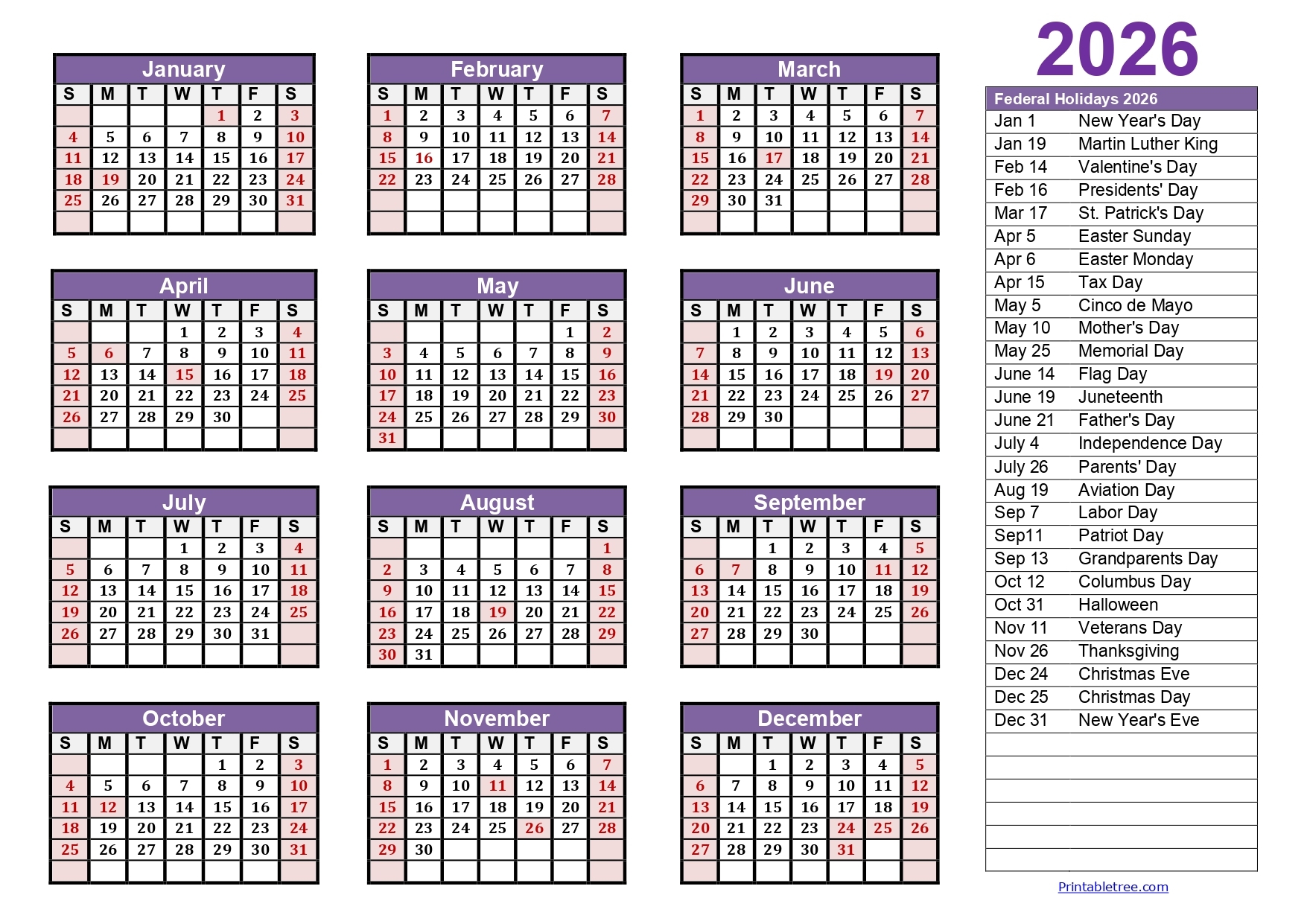 12 Month Calendar 2026 Free Printable