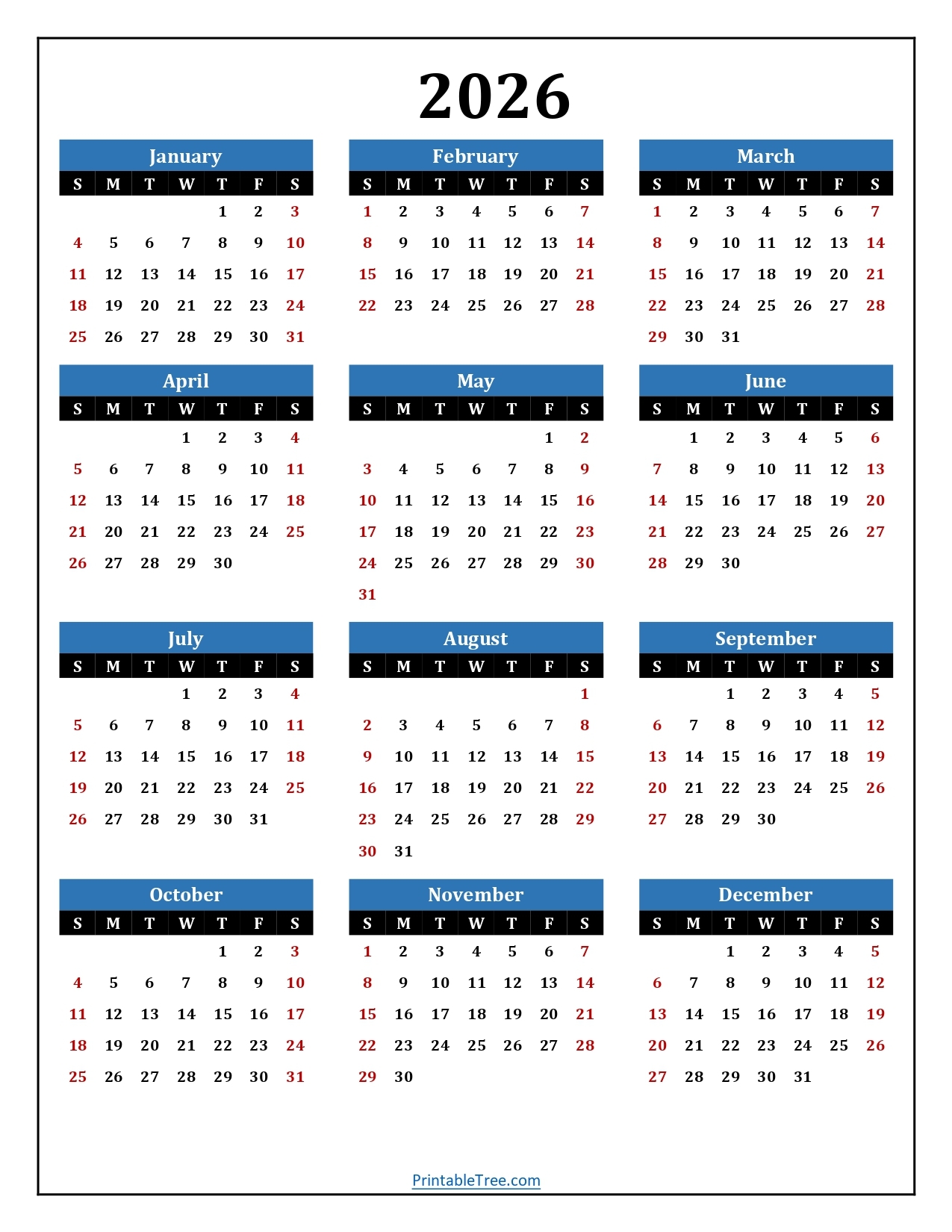 Free Printable Calendar 2026 With Holidays