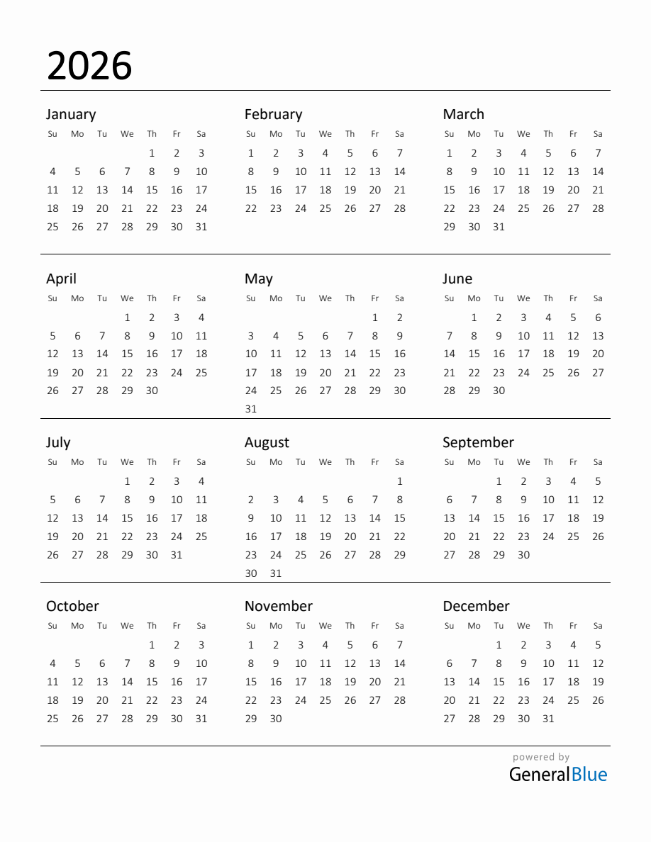 Blank Printable Calendar 2026 Free