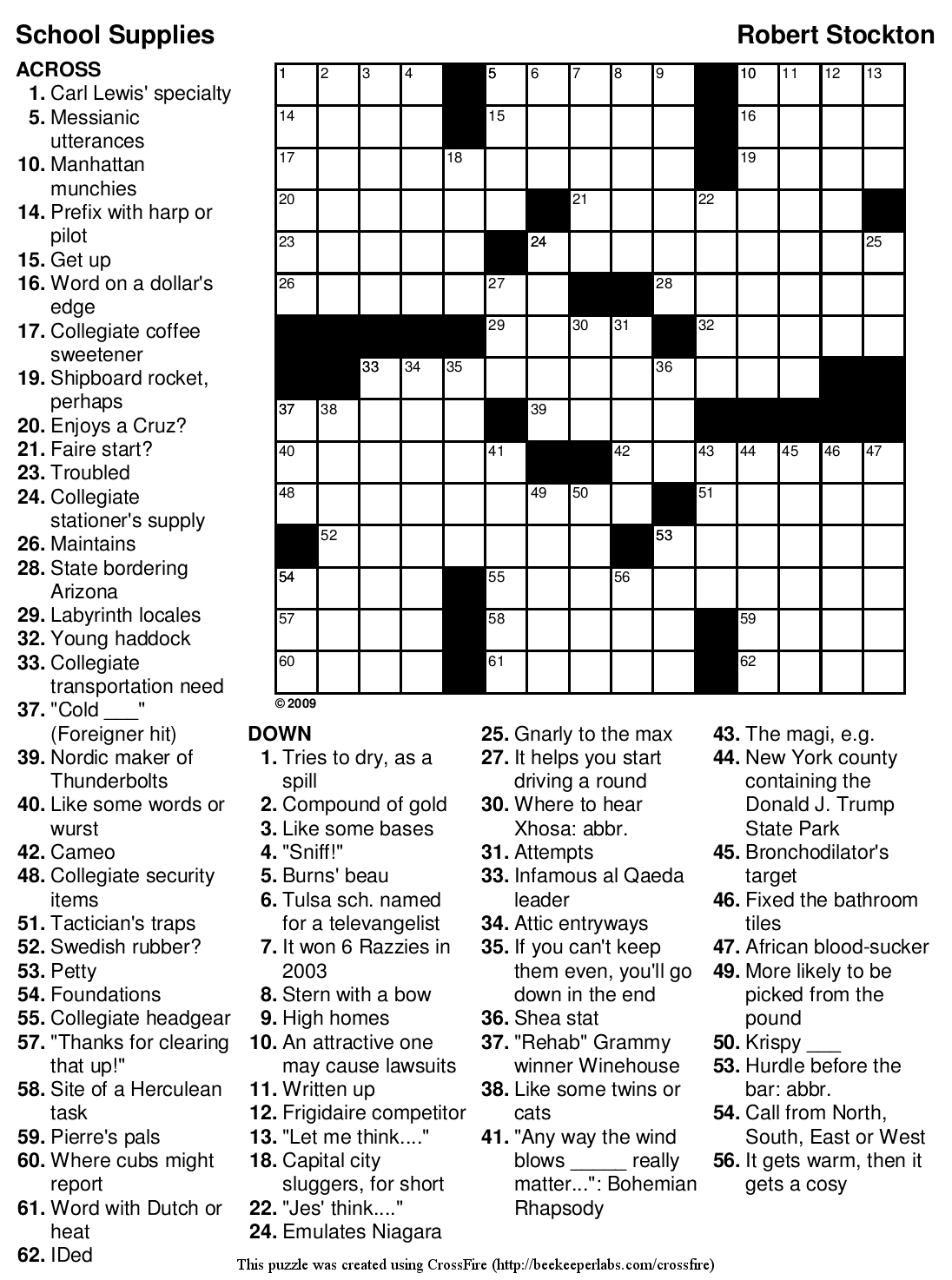 Printable Crossword Puzzle 95 School Supplies Beekeeper 