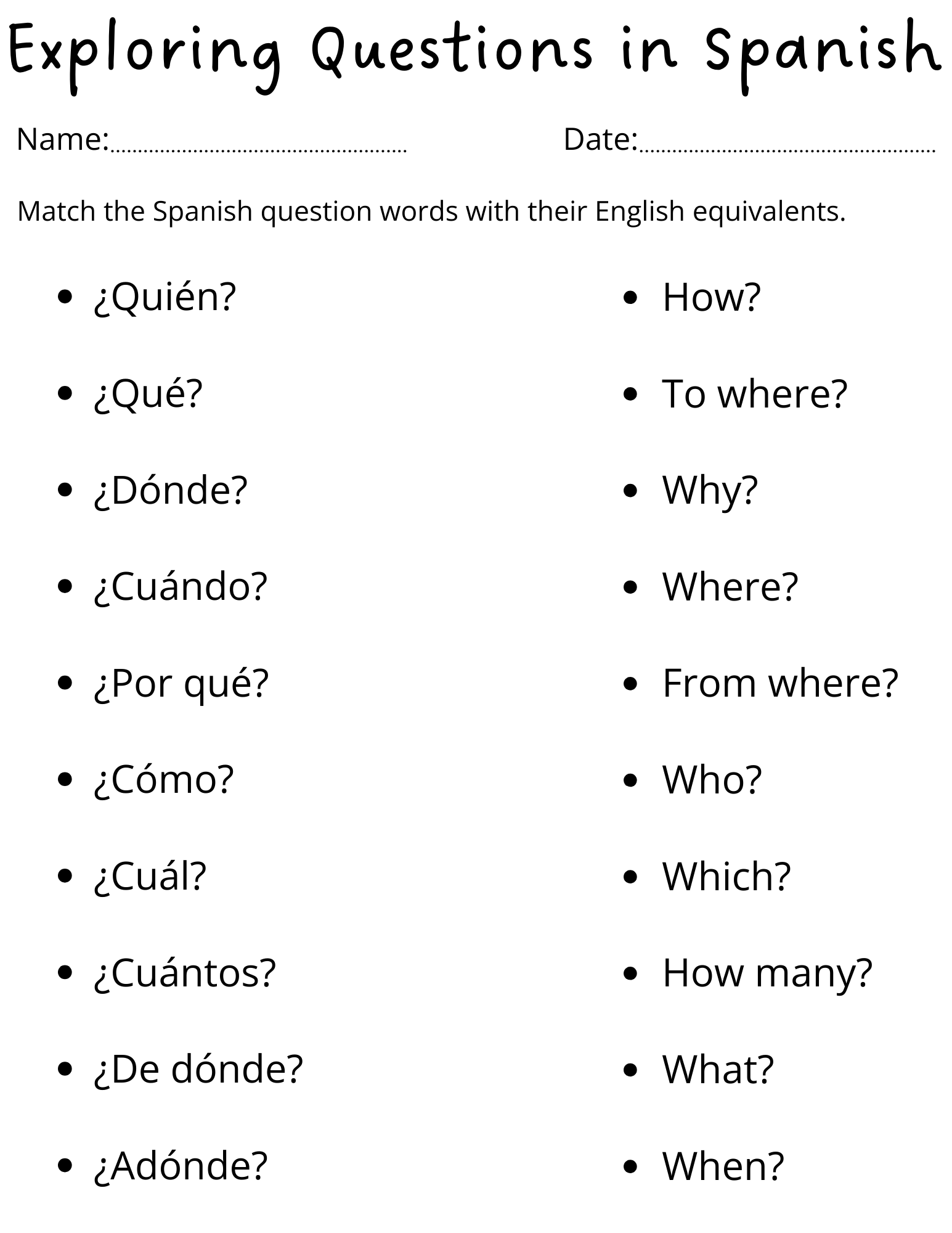 Printable Spanish Worksheets