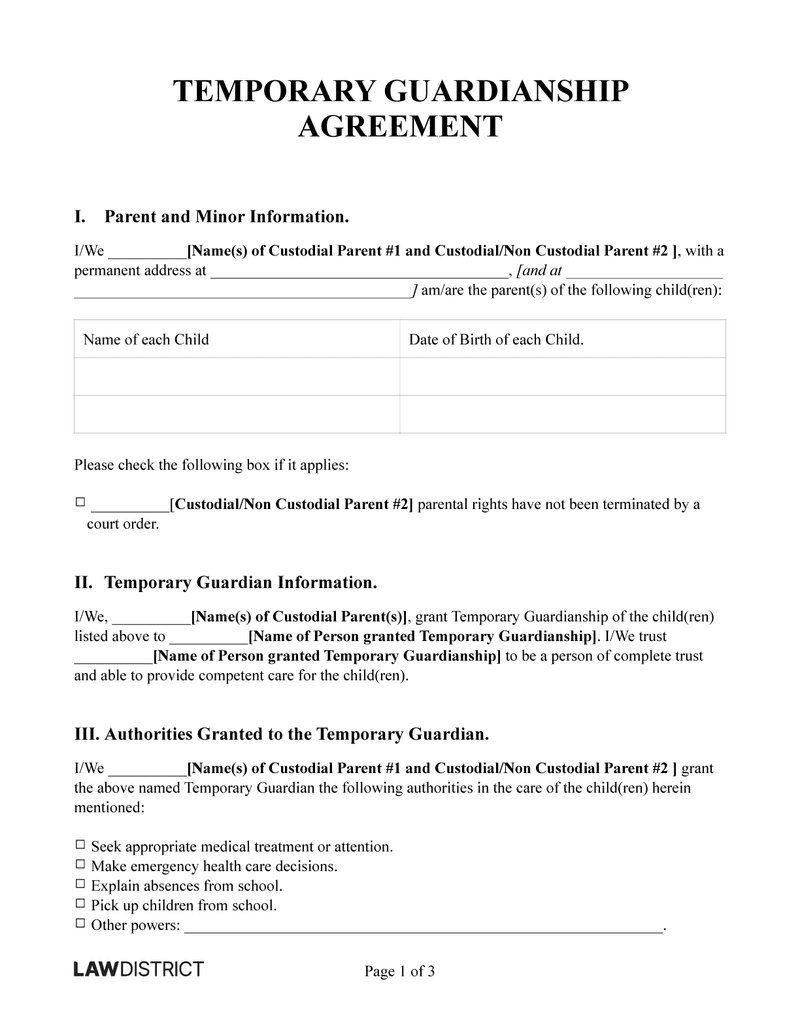 Printable Temporary Guardianship Form Free PDF amp Word Lawdistrict