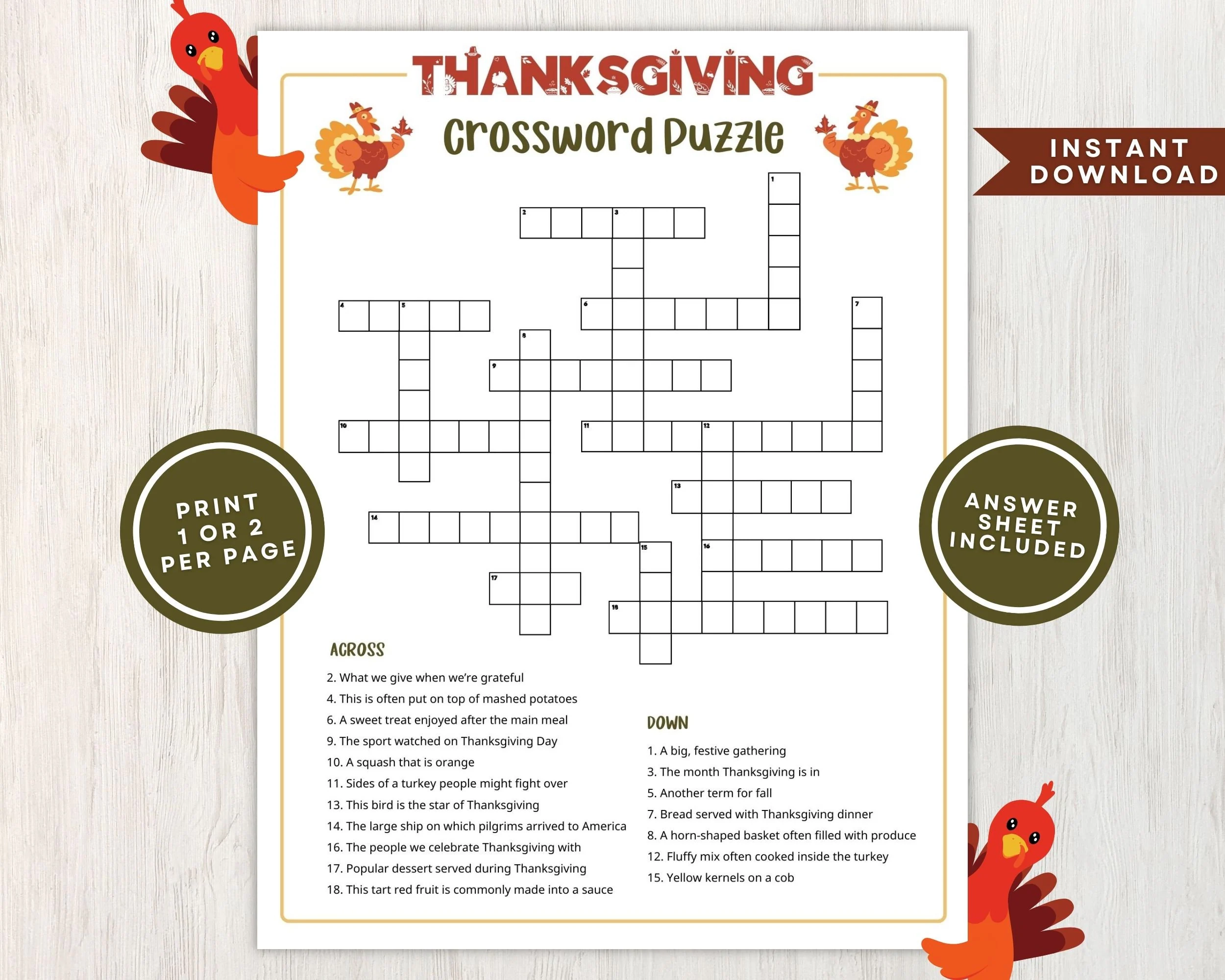 Crossword Puzzles Thanksgiving Printable