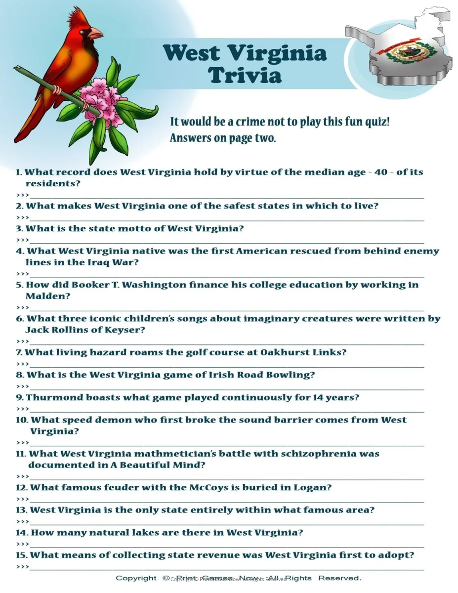 Printable West Virginia Party Trivia Game Print Games Now