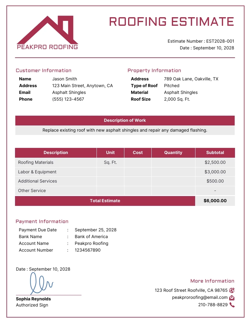 Printable Roofing Estimate Template