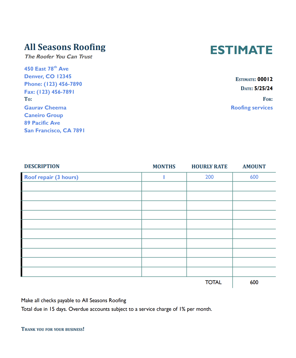 Roofing Estimate Templates
