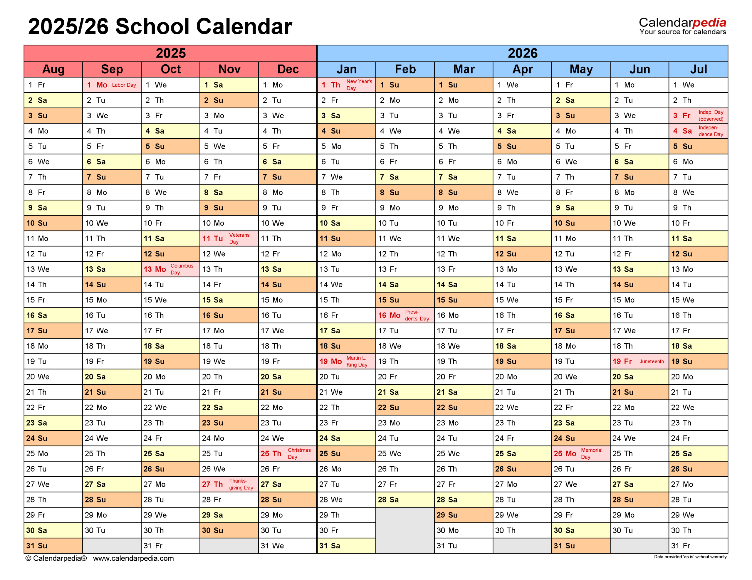 Printable Blank School Calendar 2025 26