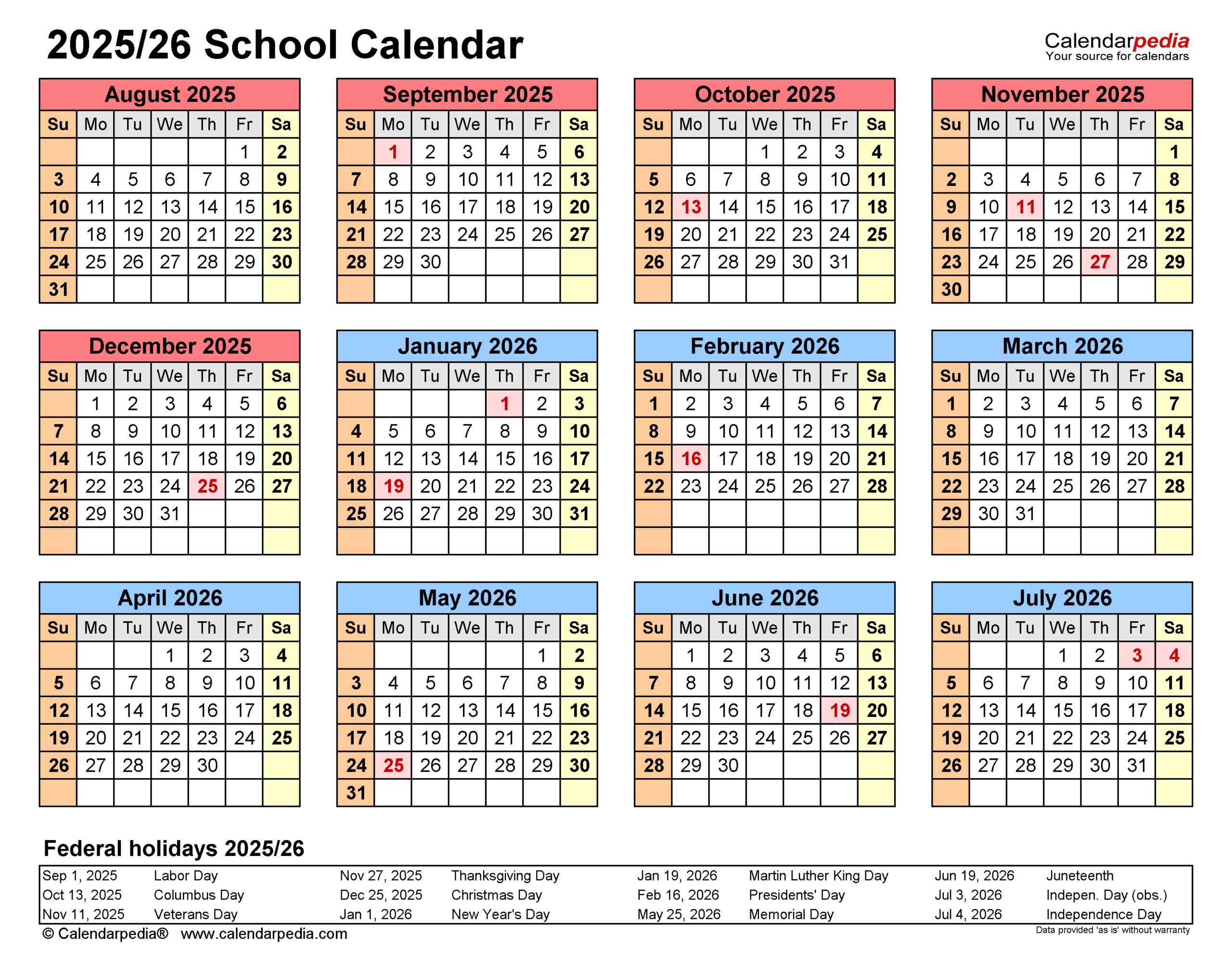 Printable School Calendar 2026 2025
