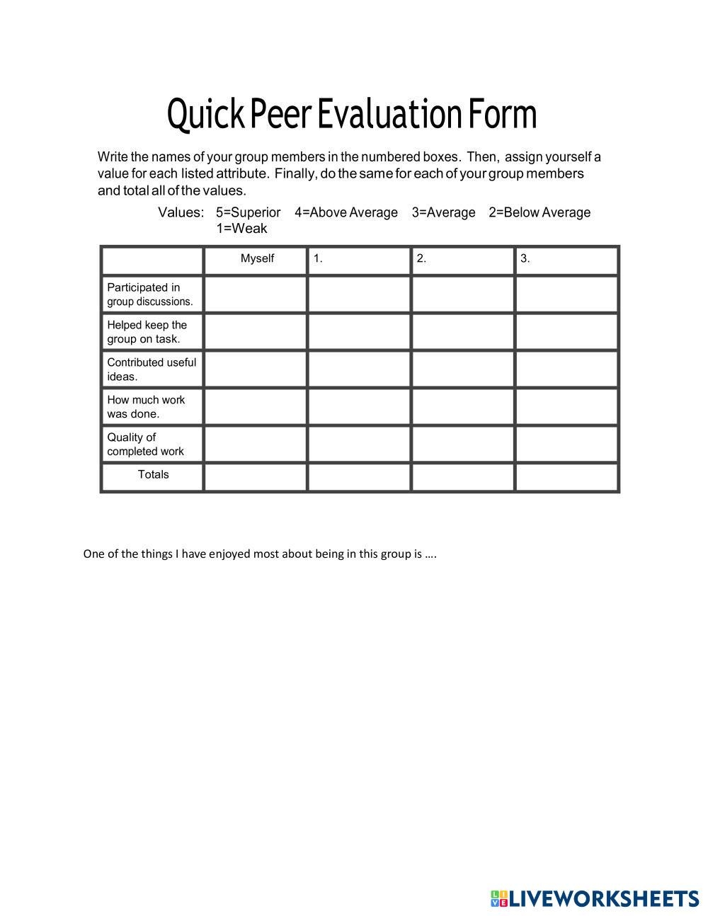 Self Evaluation Free Interactive Worksheets 7251007