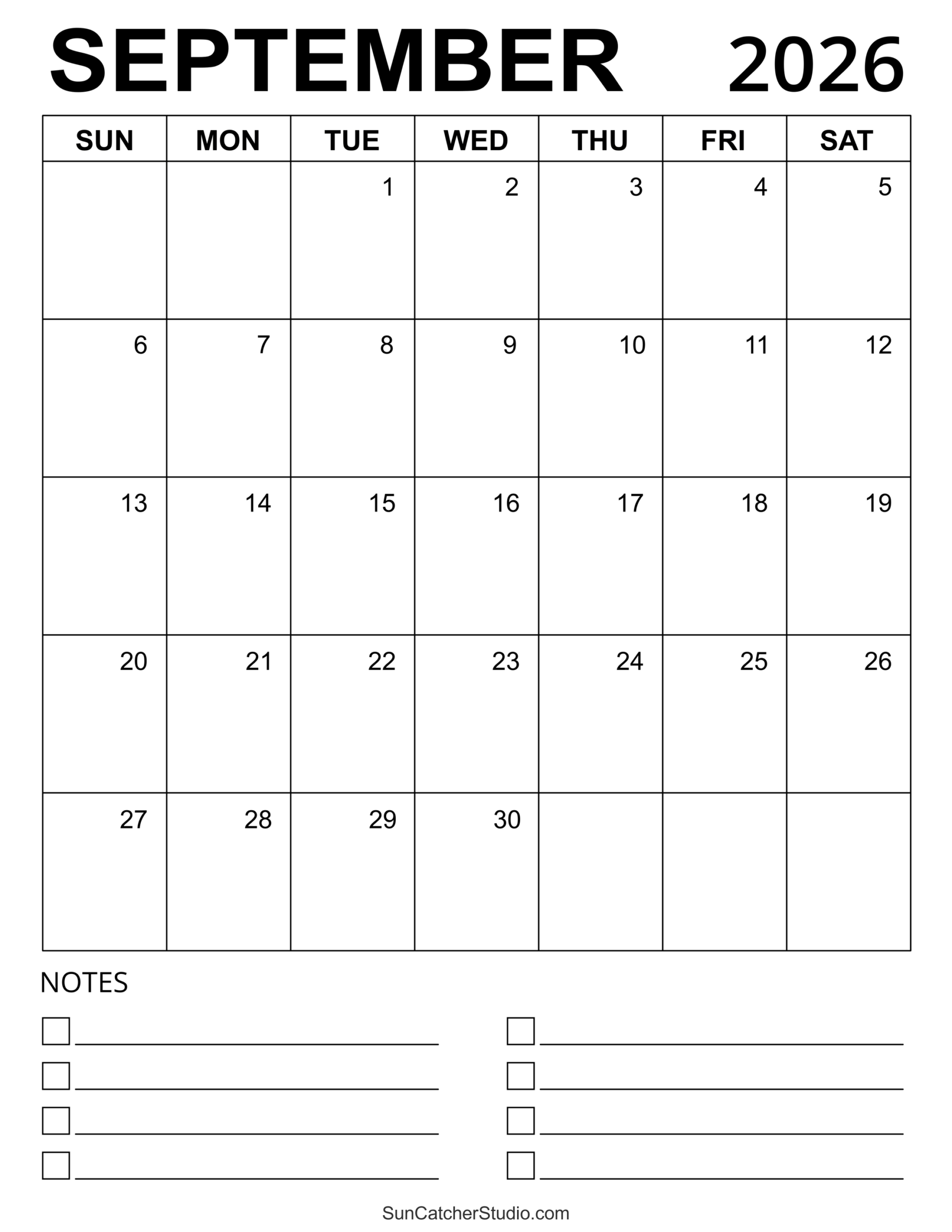 Blank September 2026 Calendar For Kids