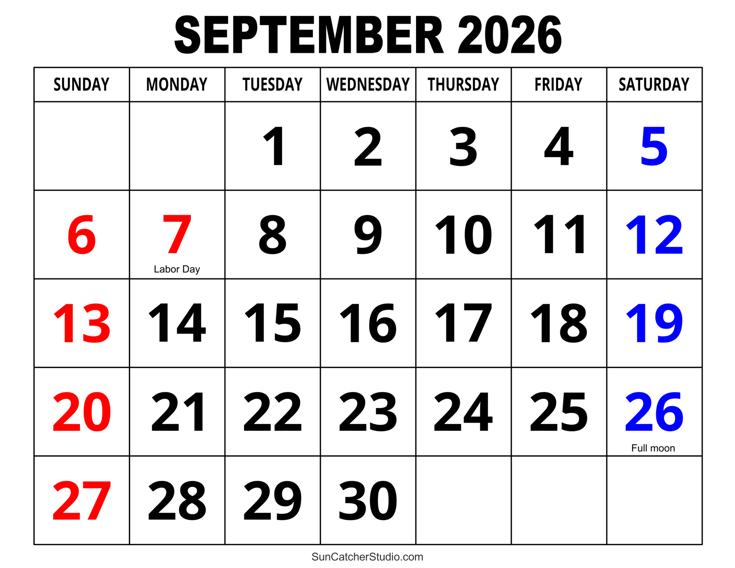 Sept 2026 Calendar Printable