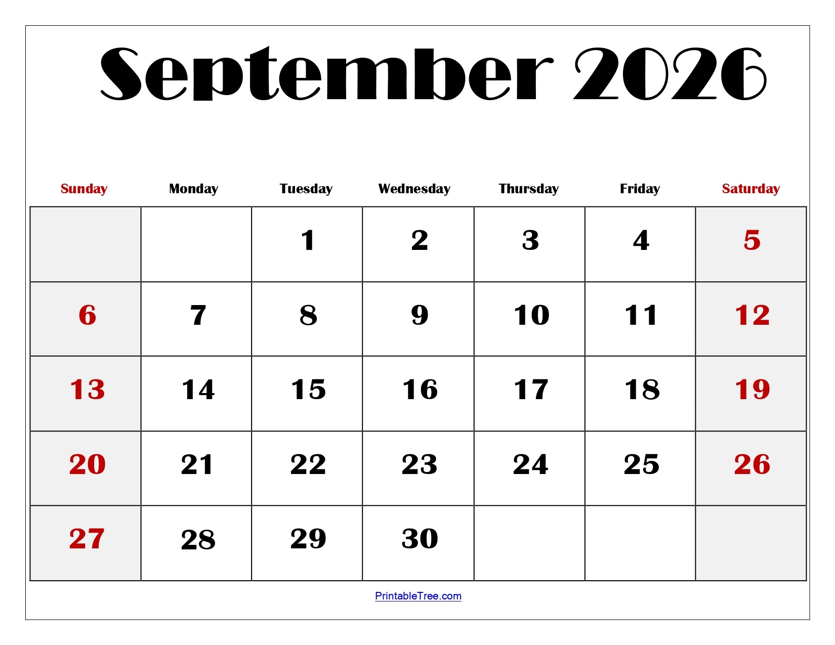 Blank Calendar Page September 2026