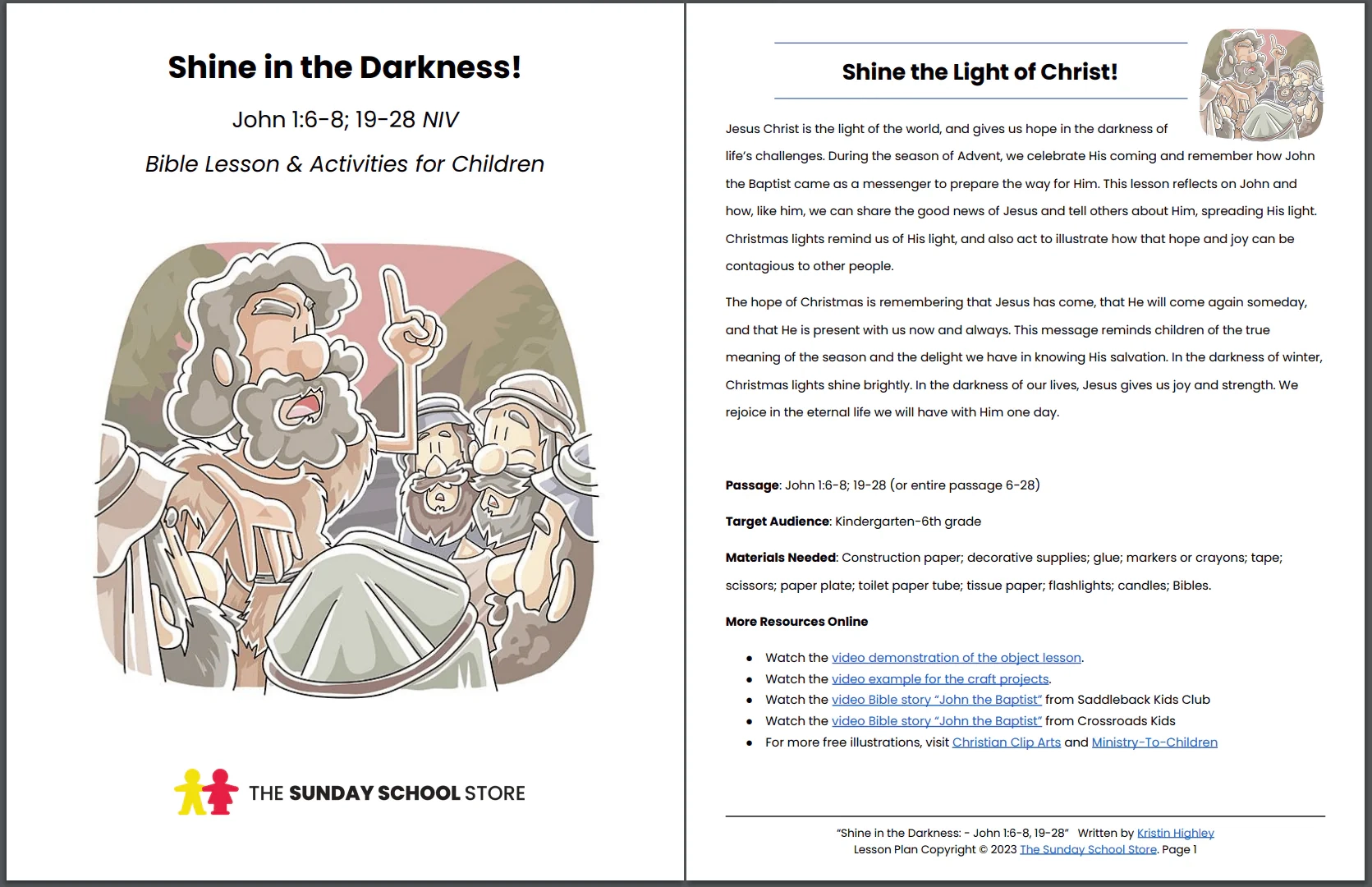Shine In The Darkness John 1 6 8 19 28 Printable Bible Lesson 