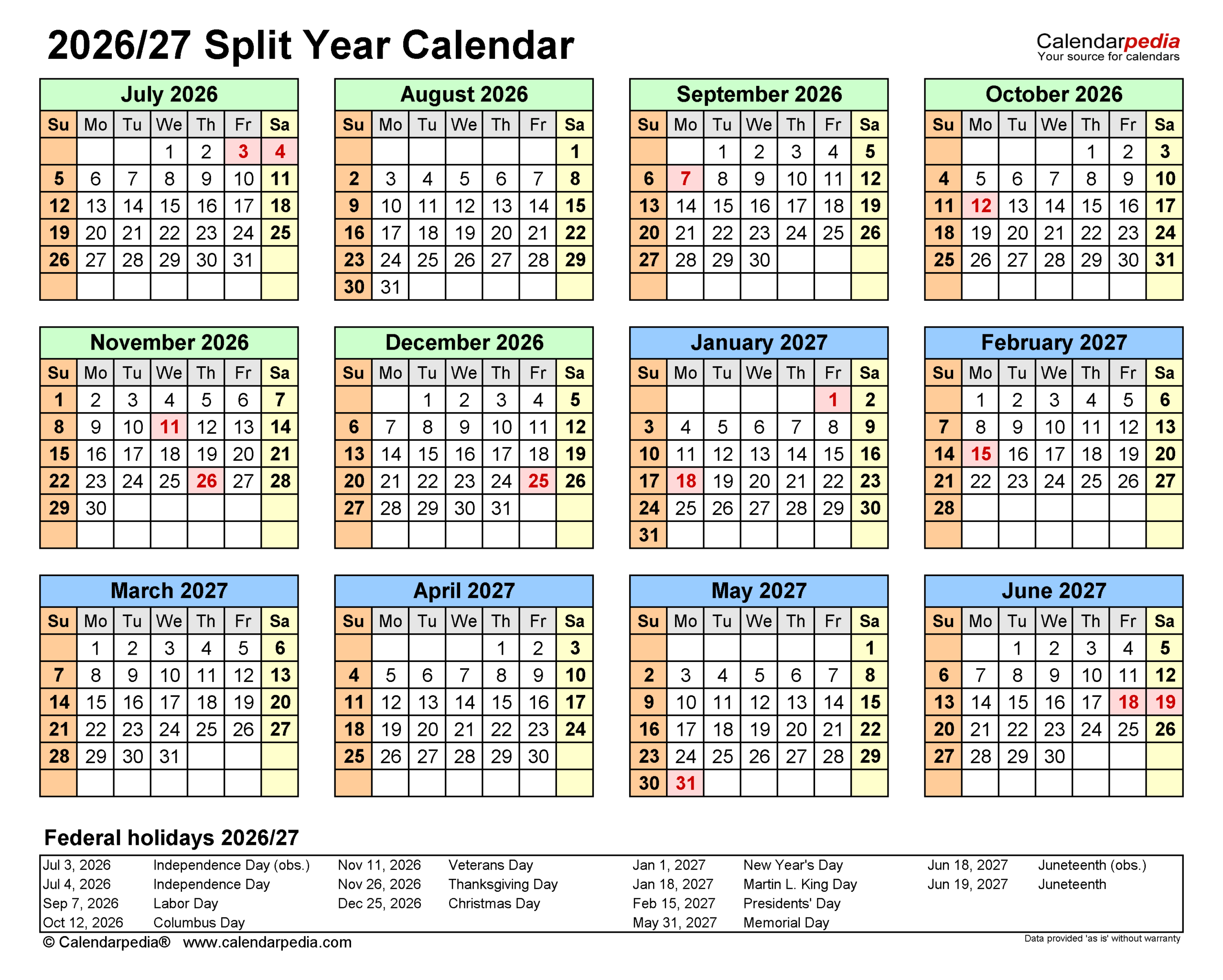 Split Year Calendars 2026 2027 July To June PDF Templates