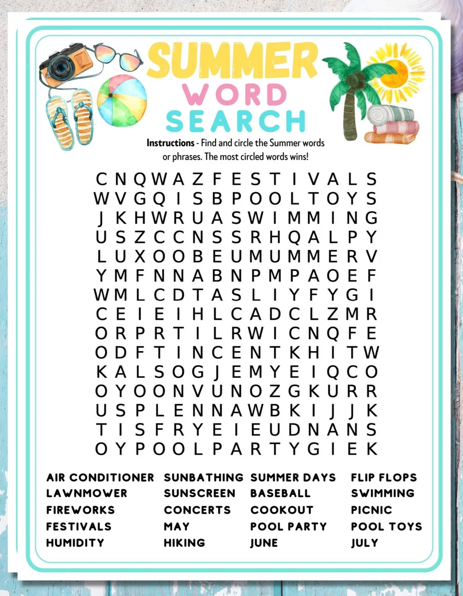 Summer Word Search Printable Game Party Kids Adults Activity 