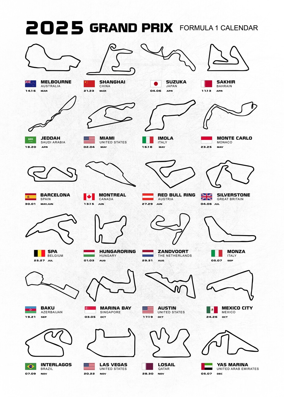 T paita Formula 1 Season Calendar 2025 Vinkit Omaper isiin 