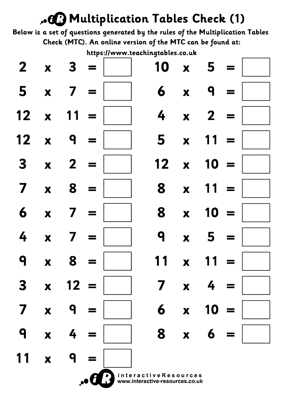 Free Printable Times Table Worksheet