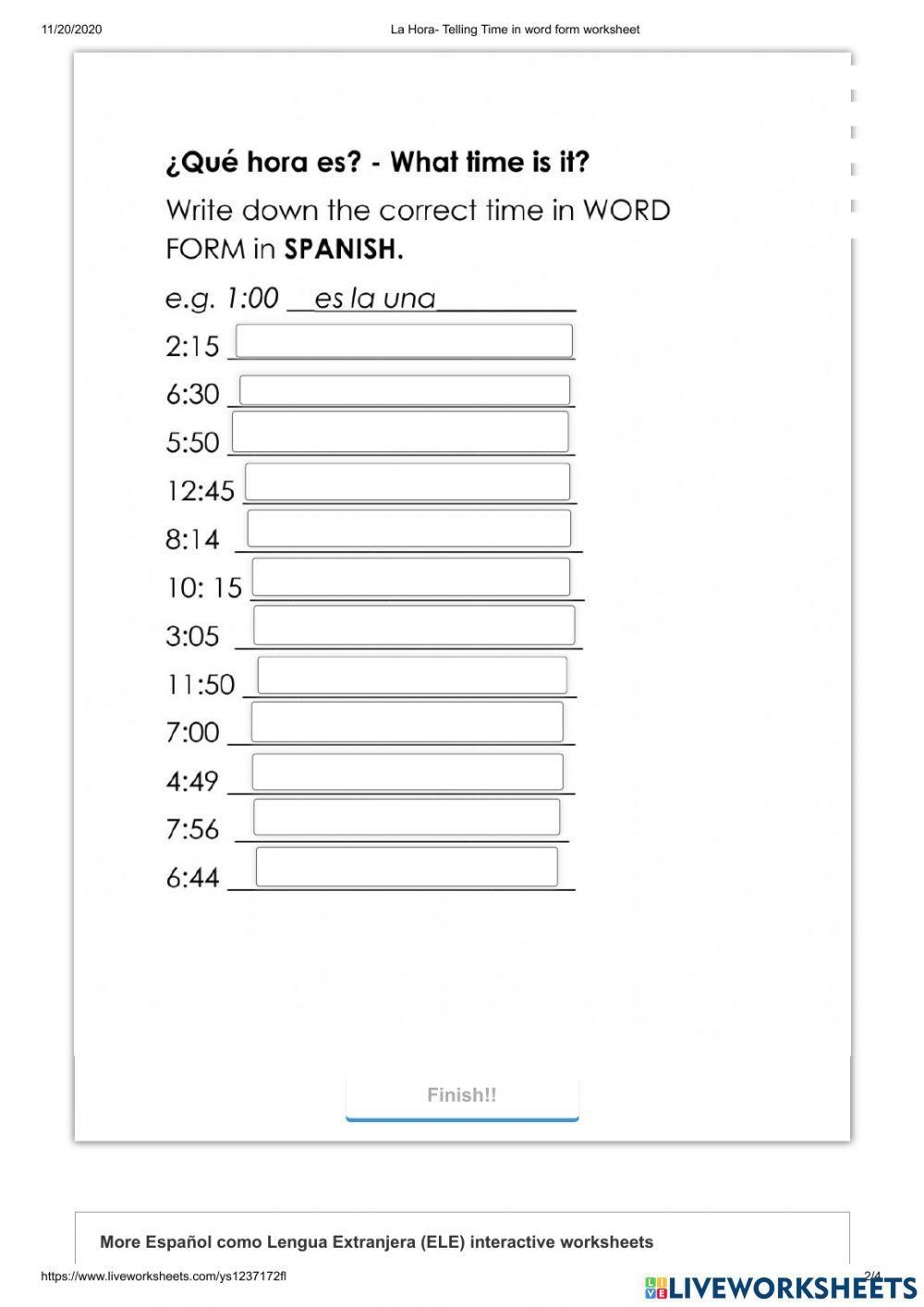 Spanish Telling Time Worksheets Printable