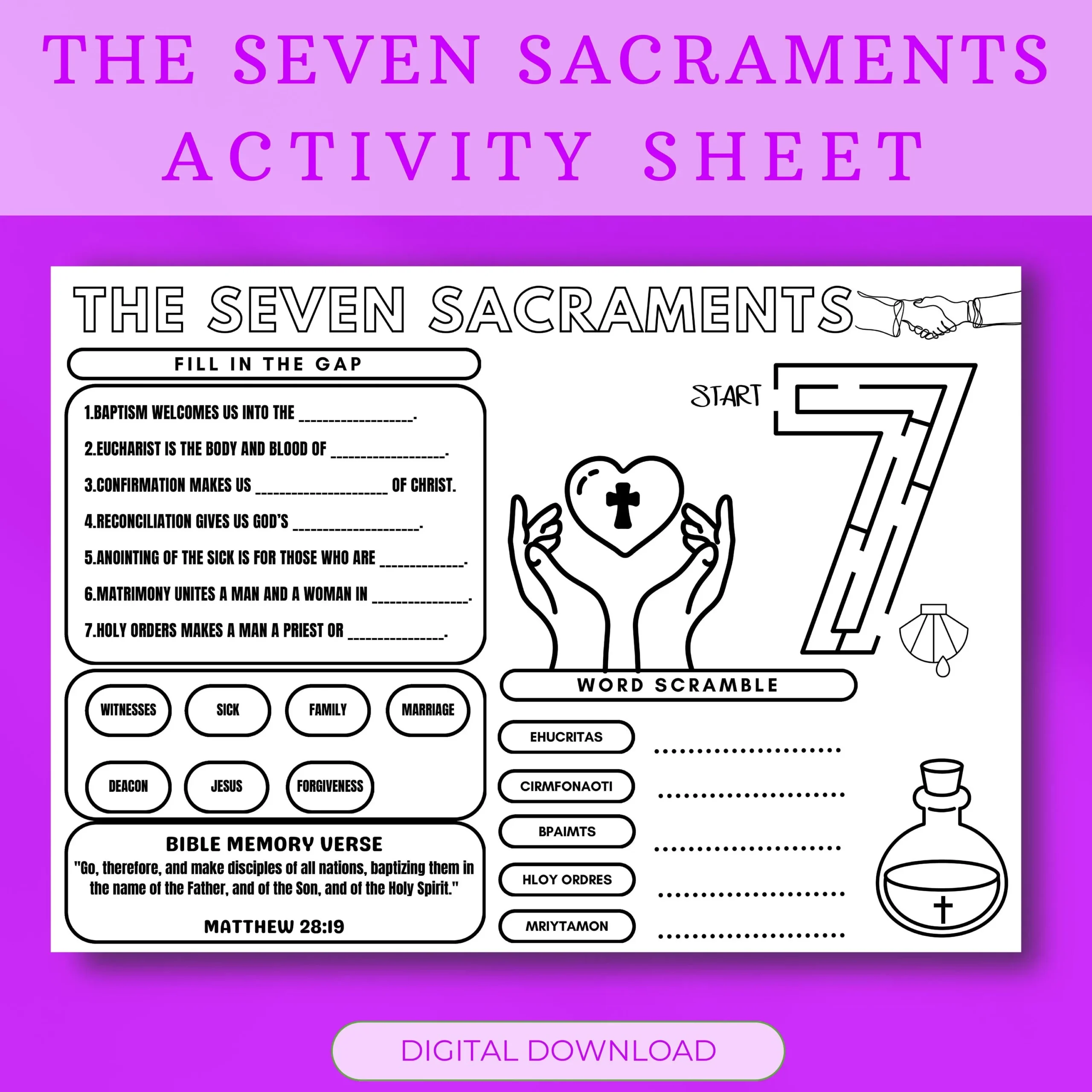 The Seven Sacraments Activity Sheet Catholic Printable Seven 
