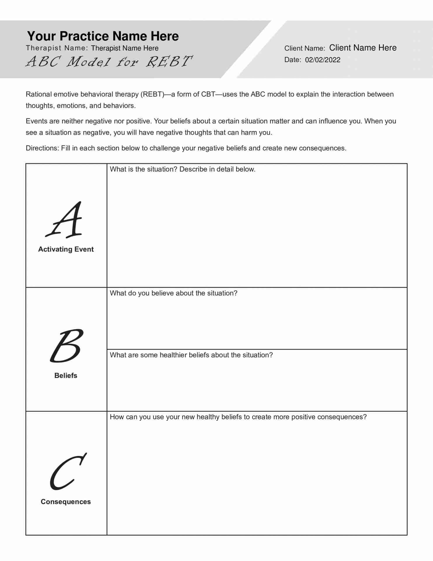 Therapist Aid Abc Model Of Cognitive Therapy CBT Worksheets 56 