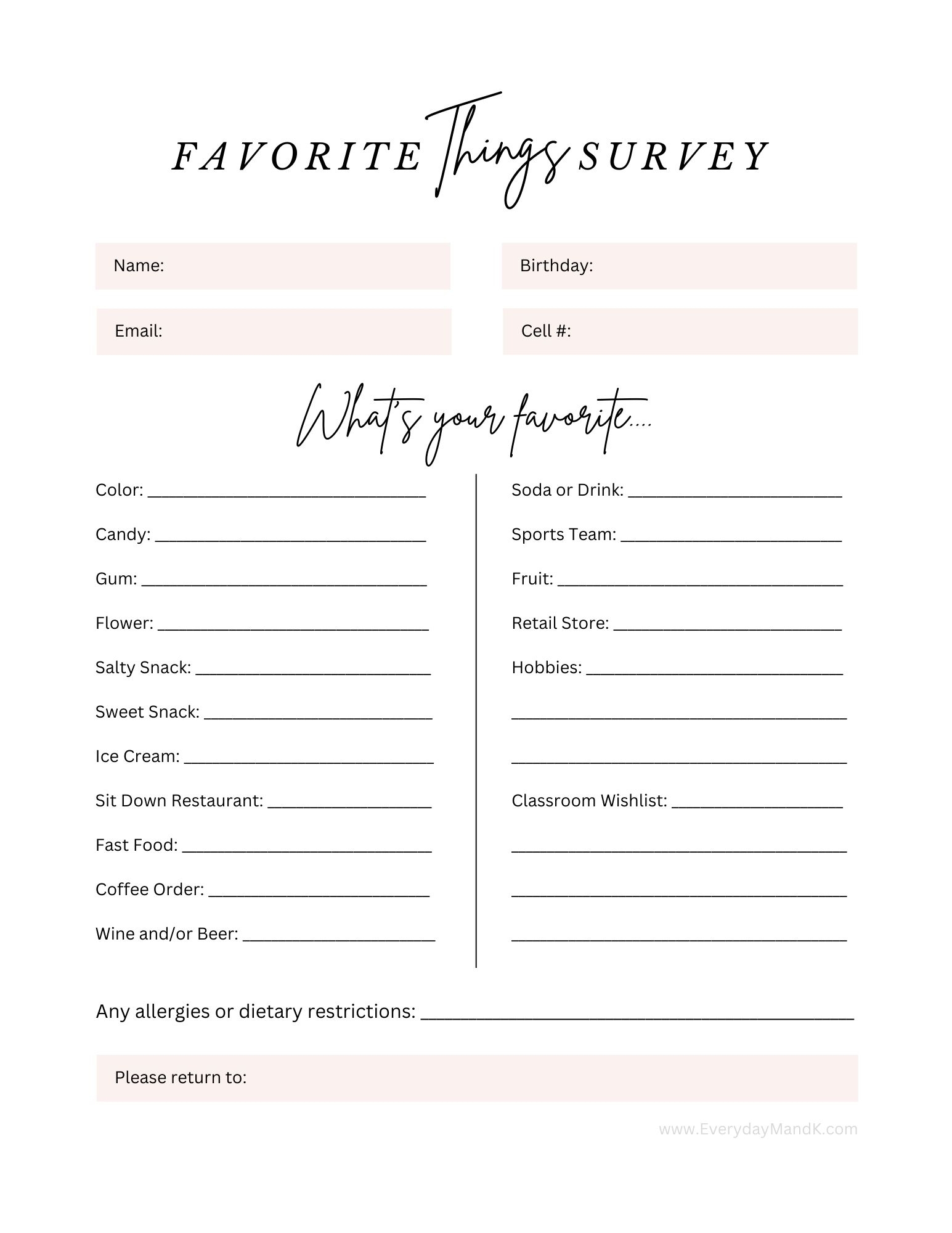 My Favorite Things Form Free Printable
