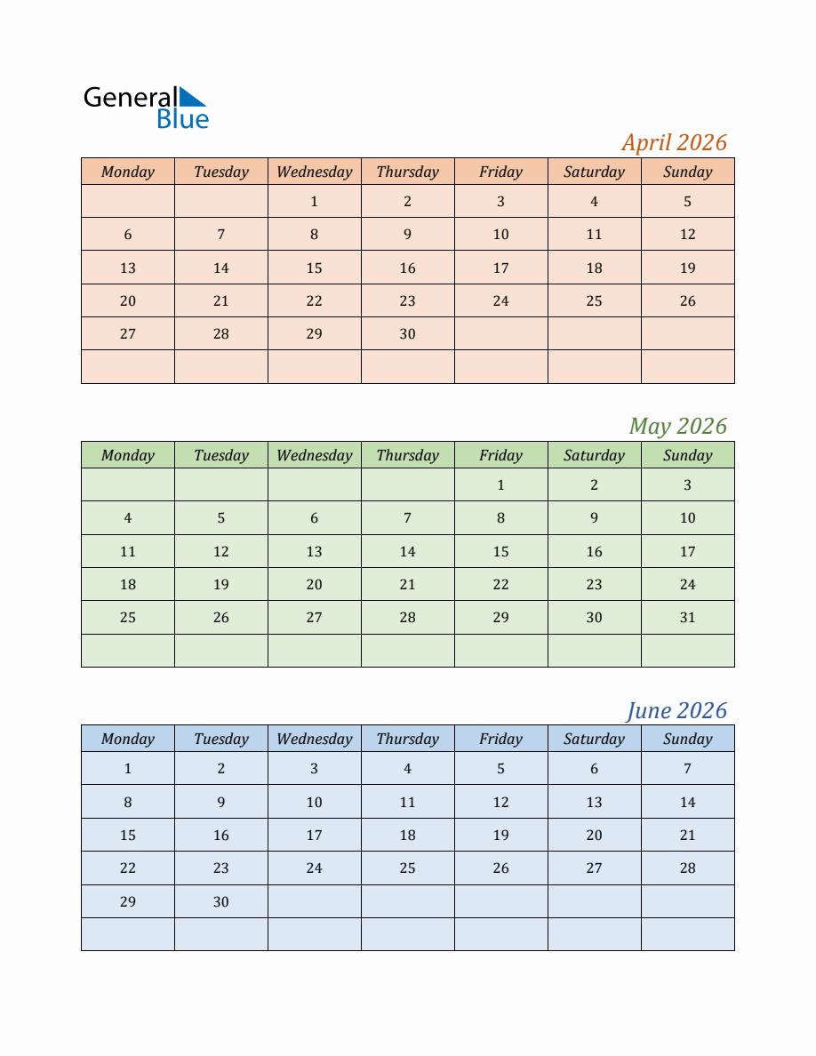Three Month Calendar For Year 2026 April May And June Monday 