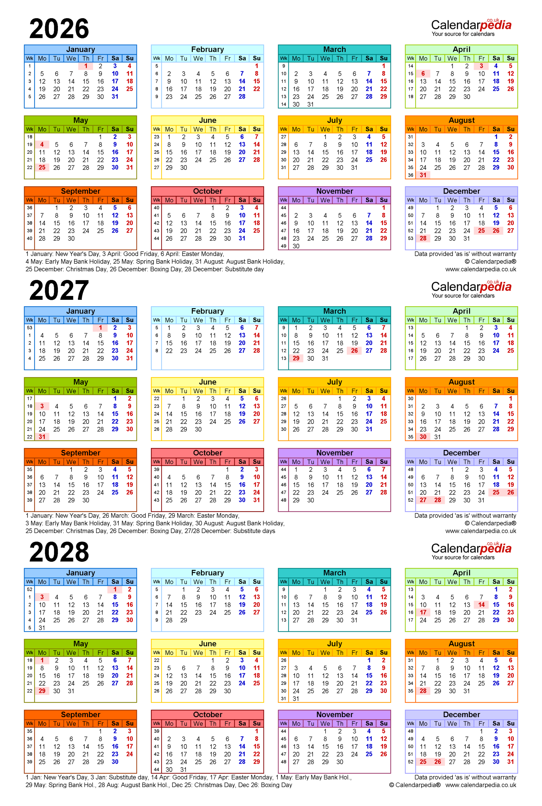 Three Year Calendars For 2026 2027 And 2028 UK For PDF