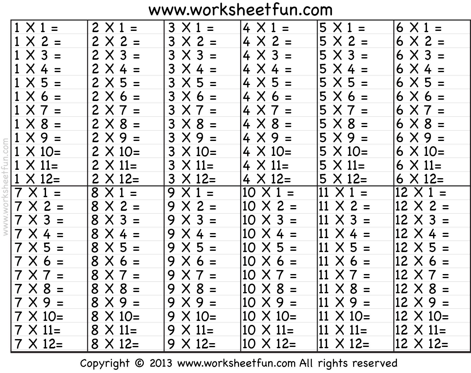 Multiplication Table Printable Worksheet Free