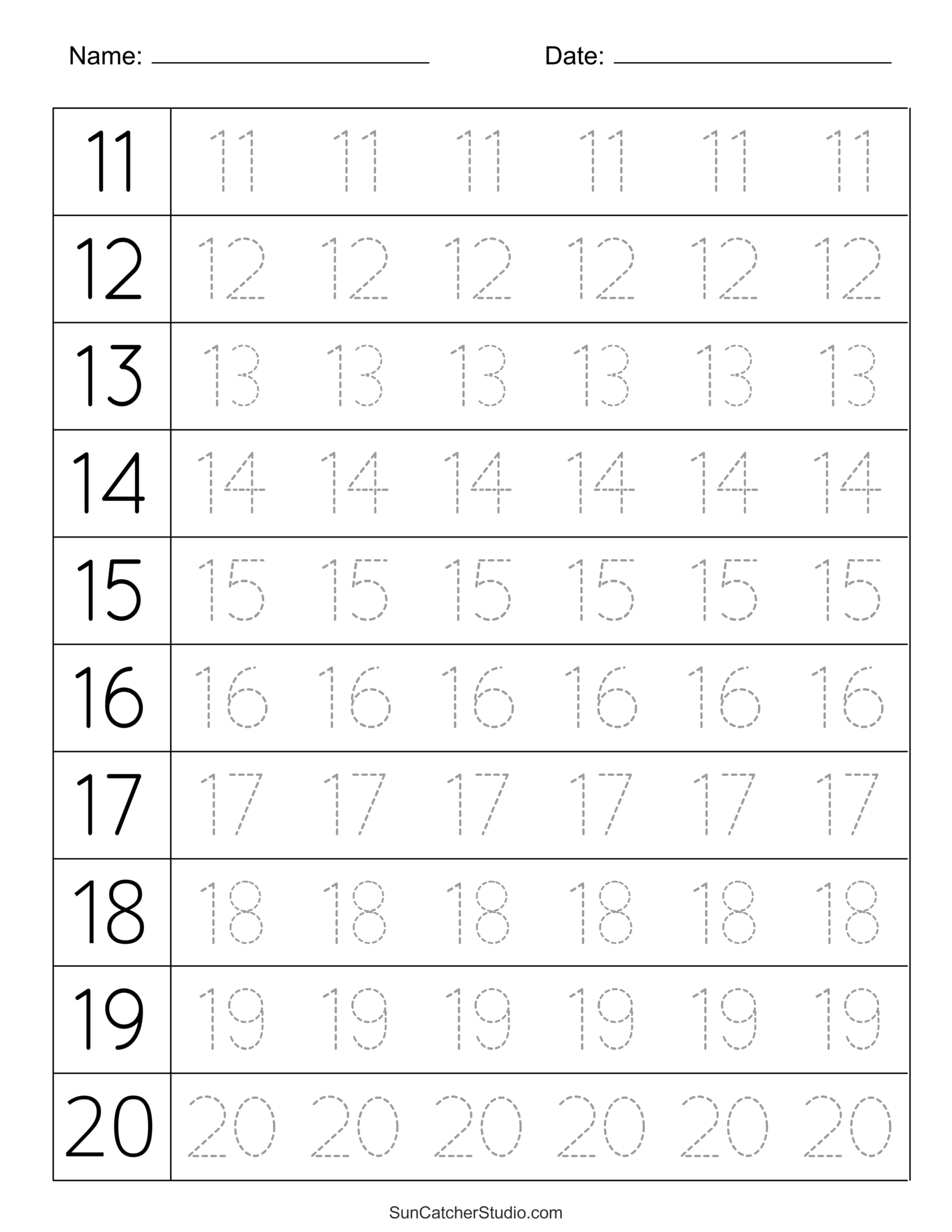 Free Printable Tracing Numbers 1-20 Worksheets Pdf