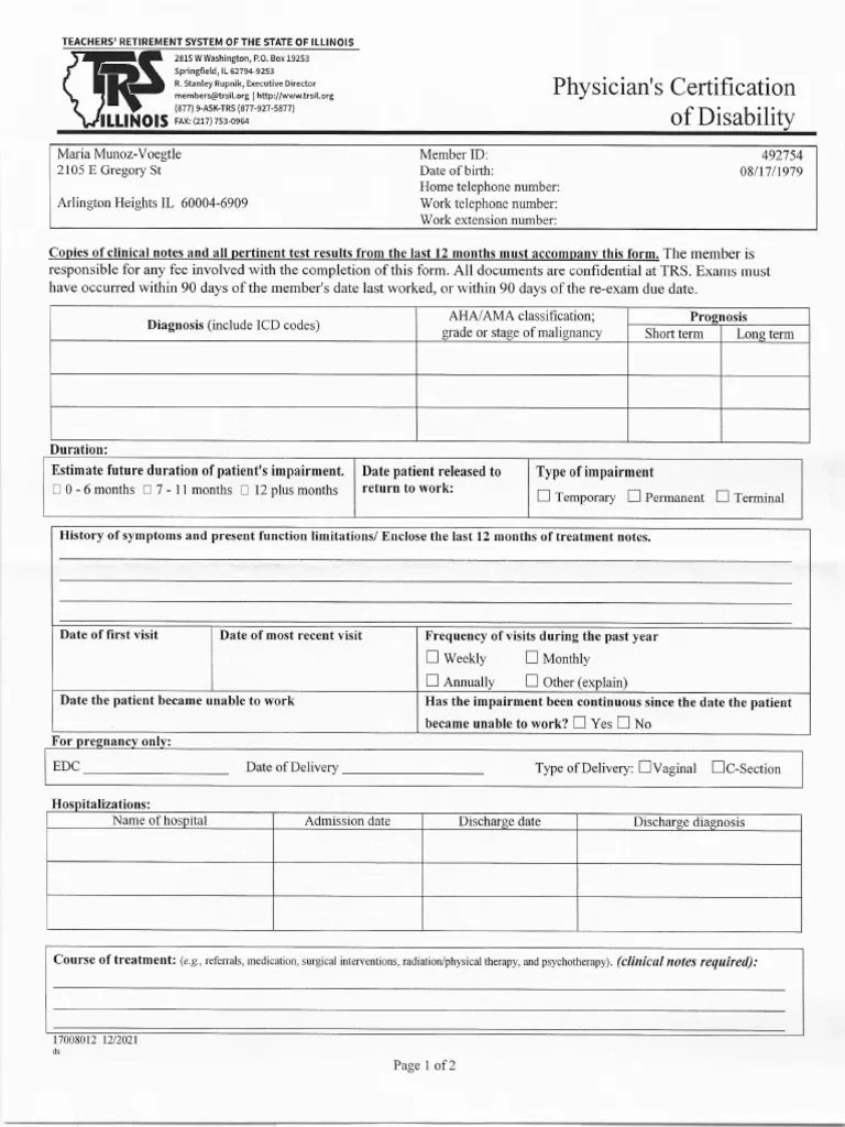 TRS Physician s Certification Of Disability BLANK PDF