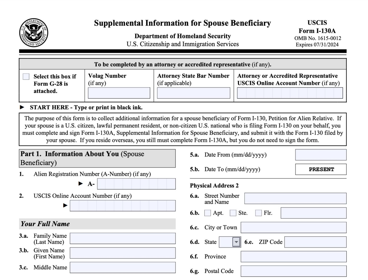 U S Immigration Form I 130A For Spouses Seeking A Green Card