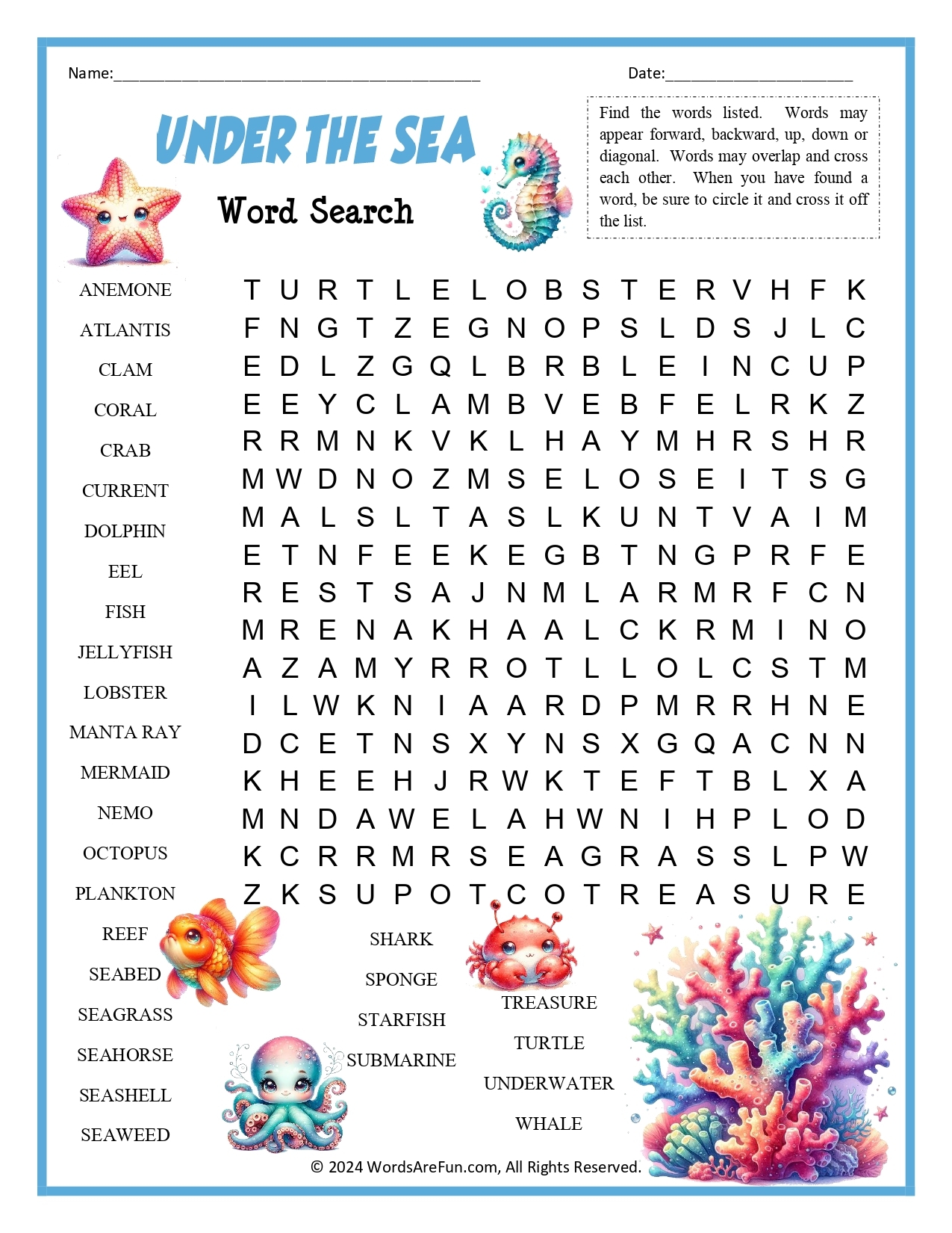 Printable Crossword Puzzles Sea World