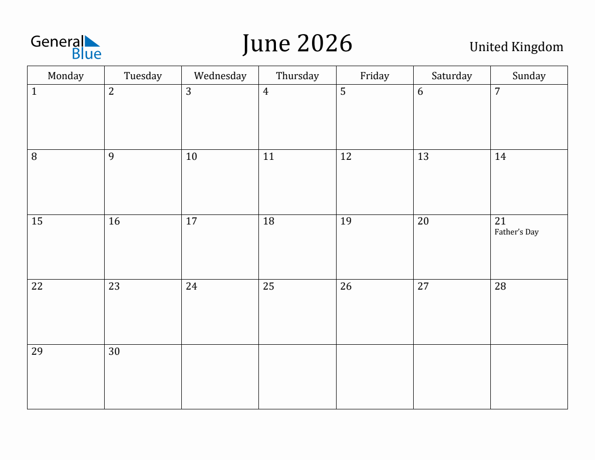 United Kingdom Monthly Calendar June 2026 Monday Start 