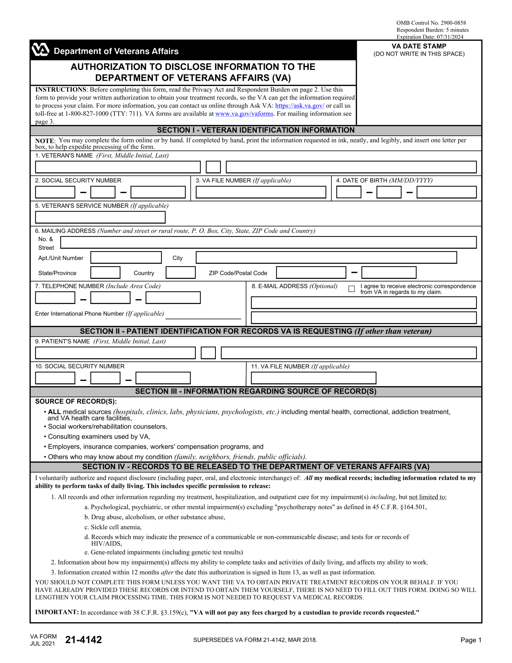 VA Form 21 4142 2024 2025 Fill Forms Online PDF Guru
