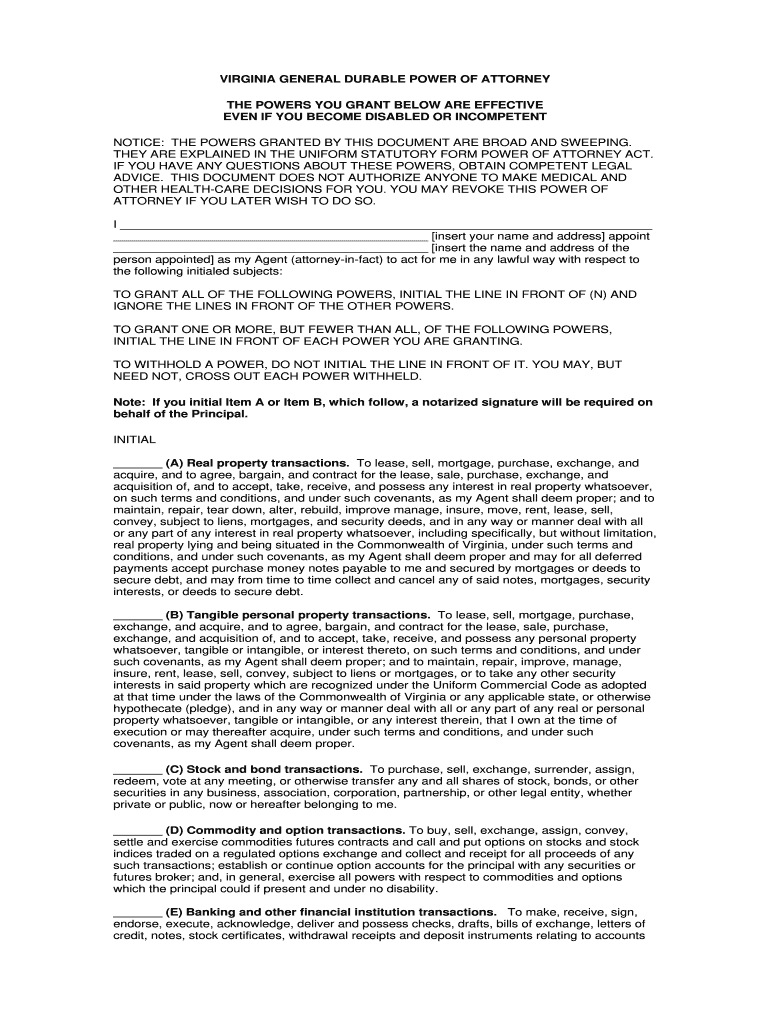 Durable Power Of Attorney Forms Printable Va