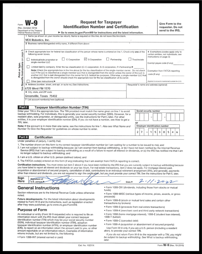 VEX Sales Forms W 9 Sole Source Letter RMA VEX Library