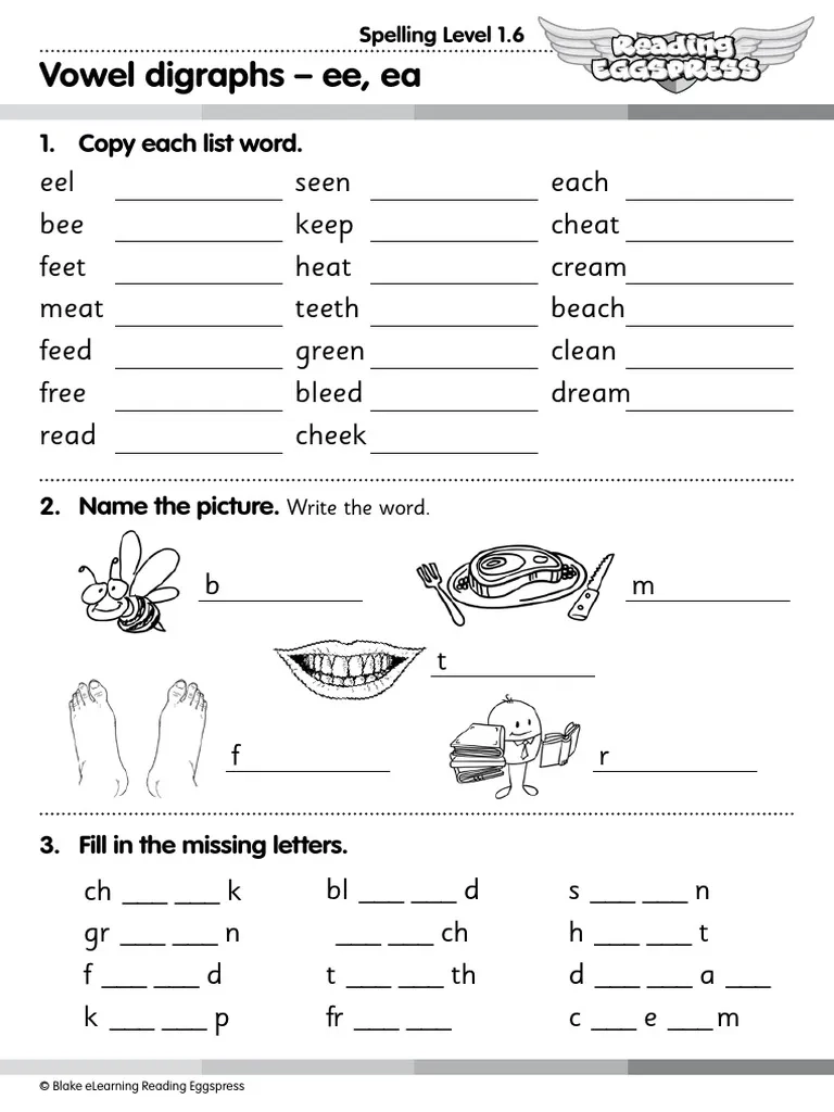Vowel Digraphs Ee Ea 1 Copy Each List Word PDF