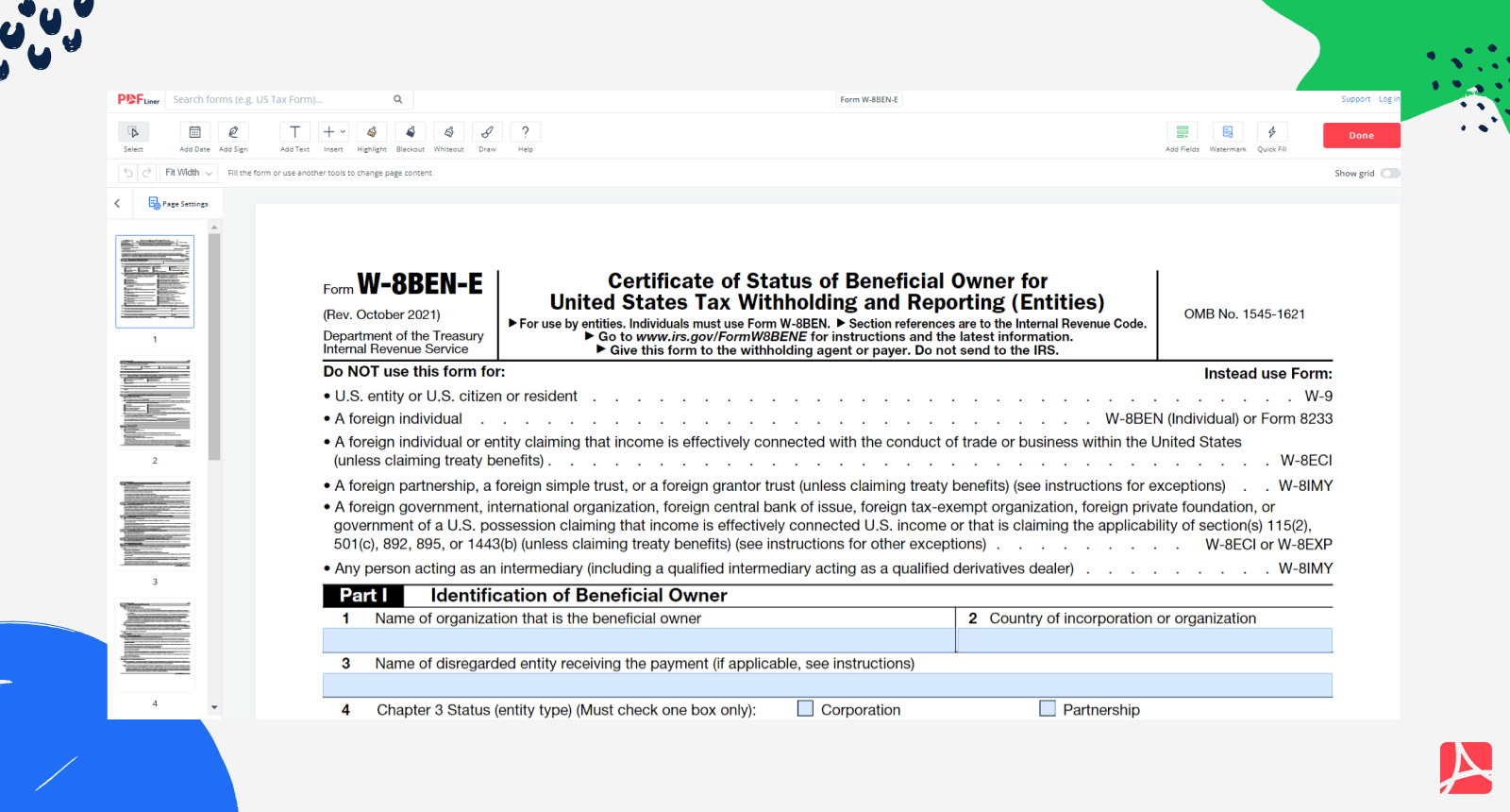 W 8BEN E Form Editable Blank Online PDFliner