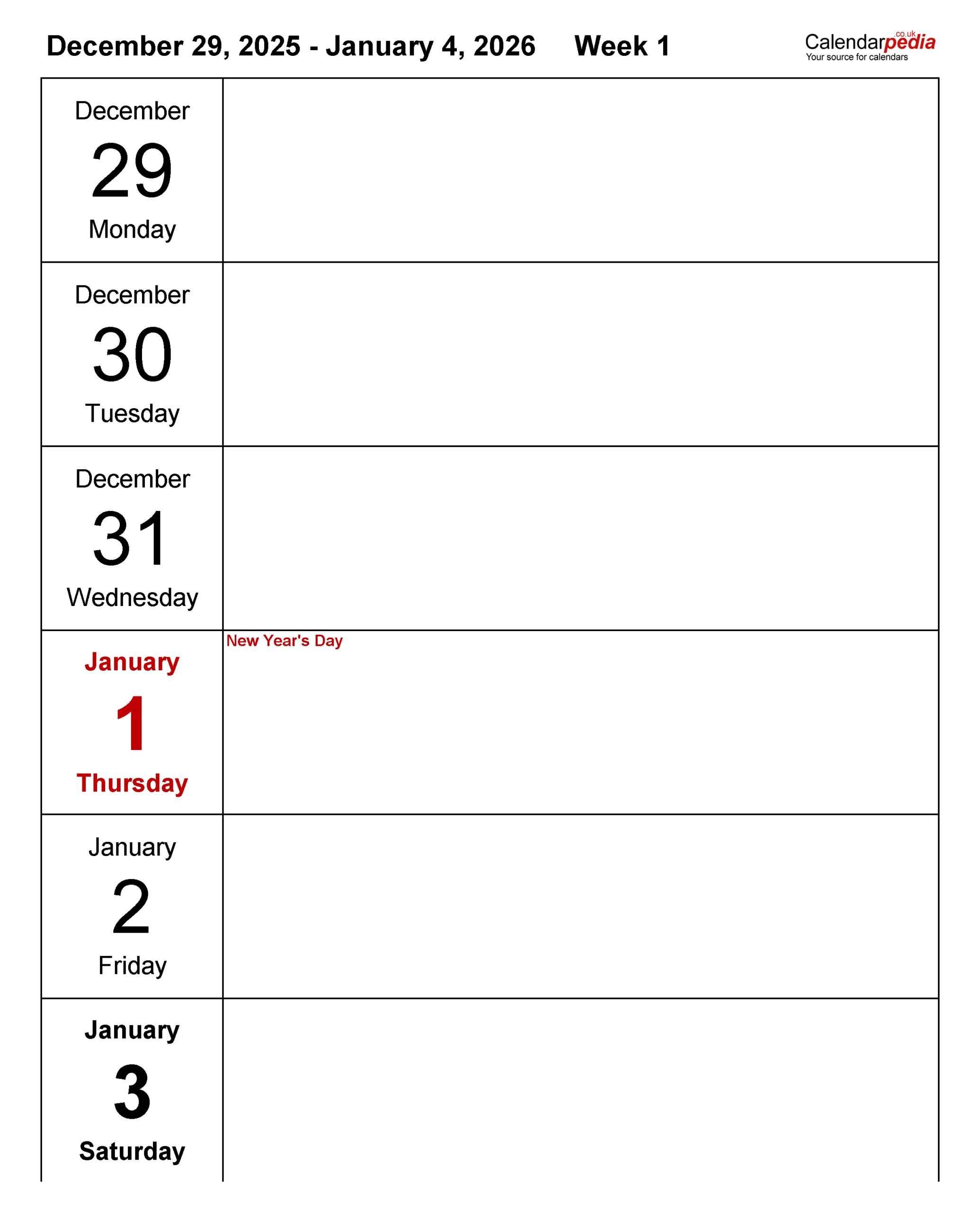 2026 Weekly Calendar Printable
