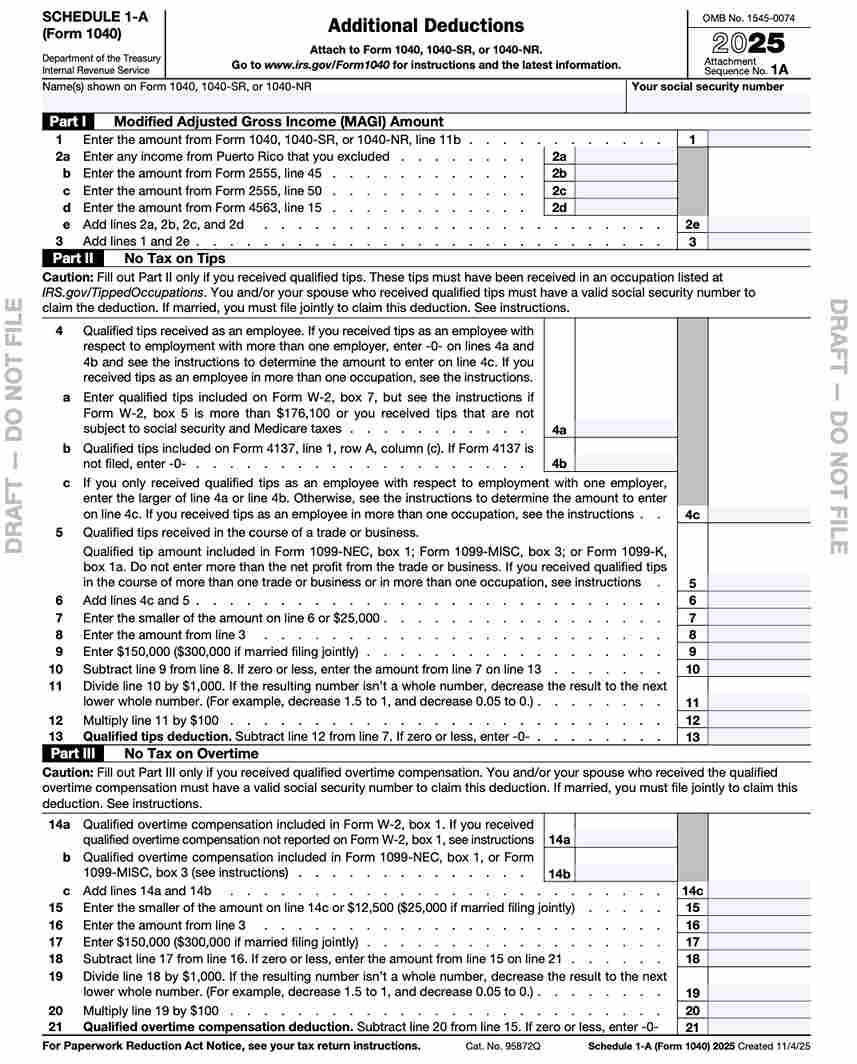 What Is IRS Schedule 1 A New 2025 Form For Additional Deductions 