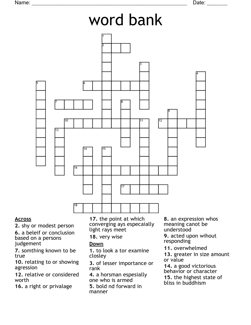 Printable Easy Word Bank Crossword Puzzles