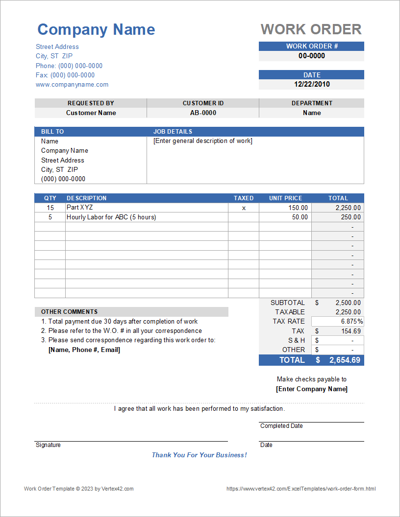 Printable Work Order Template