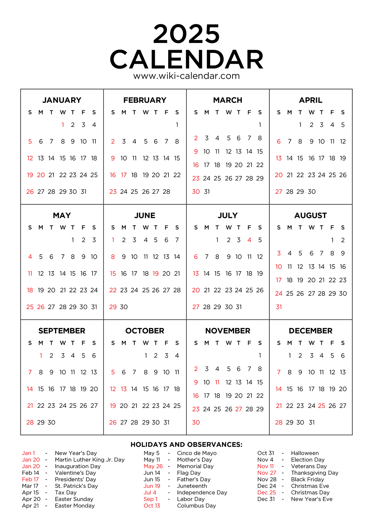 Free Printable 2025 12 Month Calendar